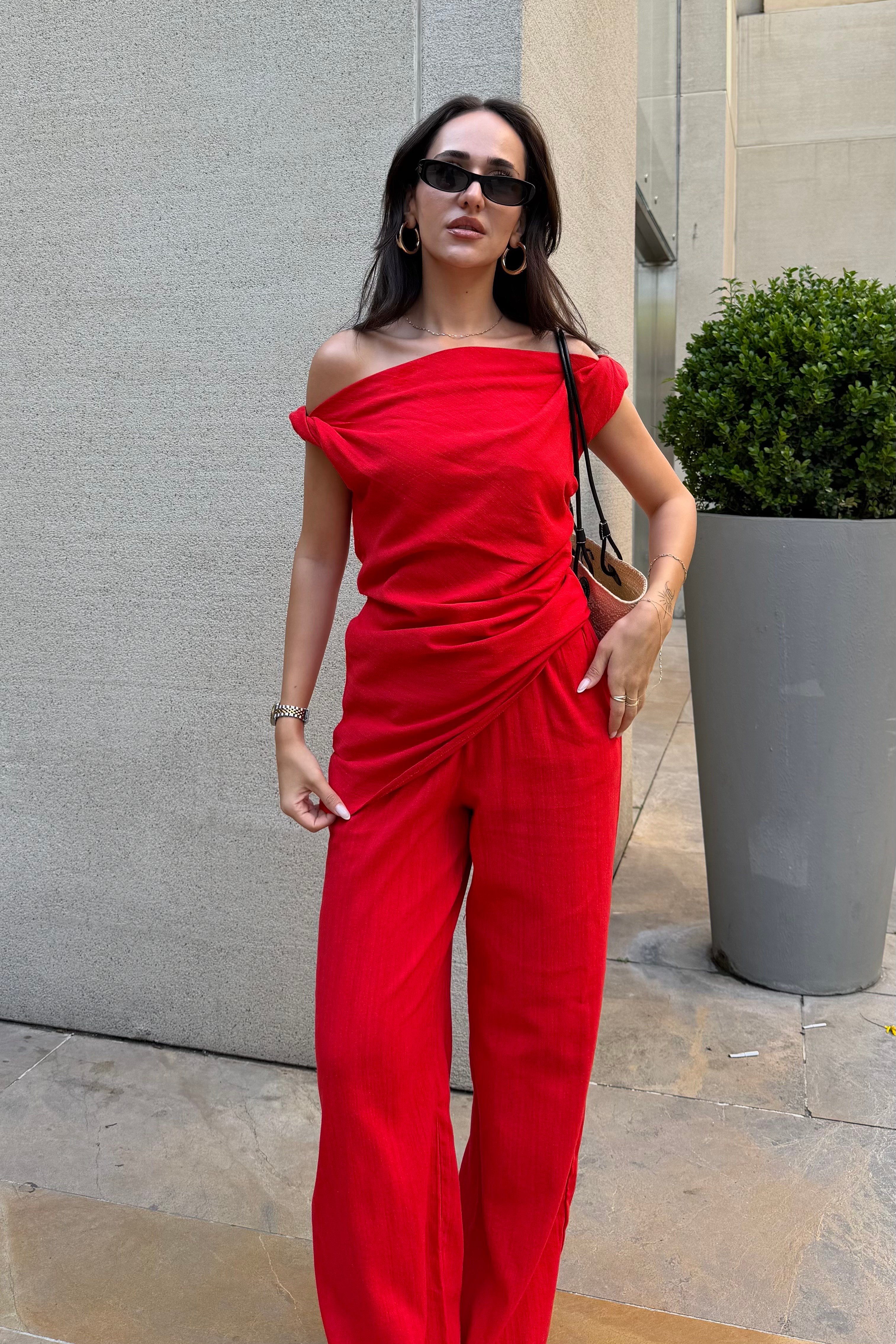 Kırmızı Premium Keten Takım - Kadın Takım Modelleri - Nazliye Moda | Kadın Giyim Modası