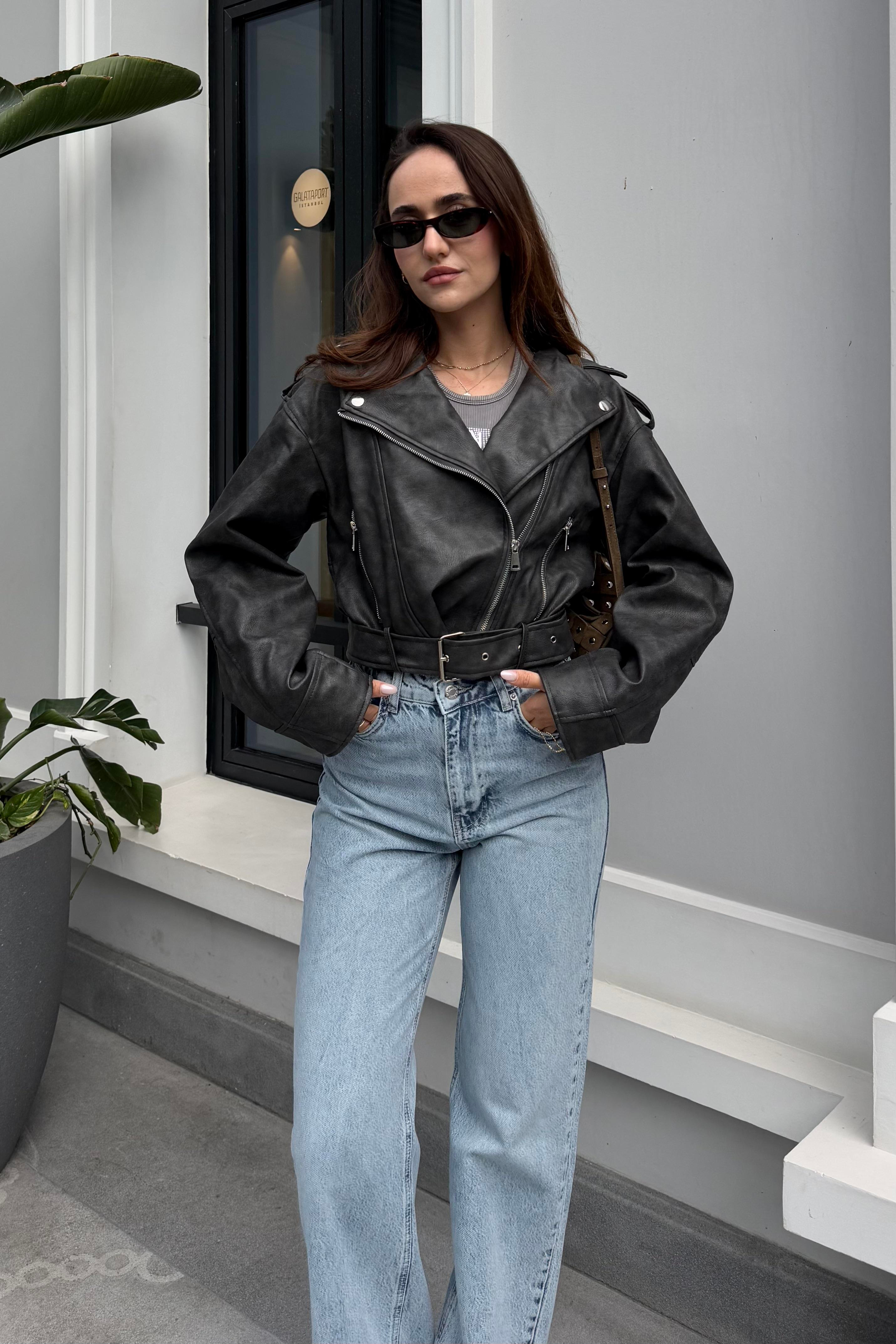 Koyu Kahve Eskitme Motorcu Deri Ceket - Kadın Jackets Modelleri - Nazliye Moda | Kadın Giyim Modası