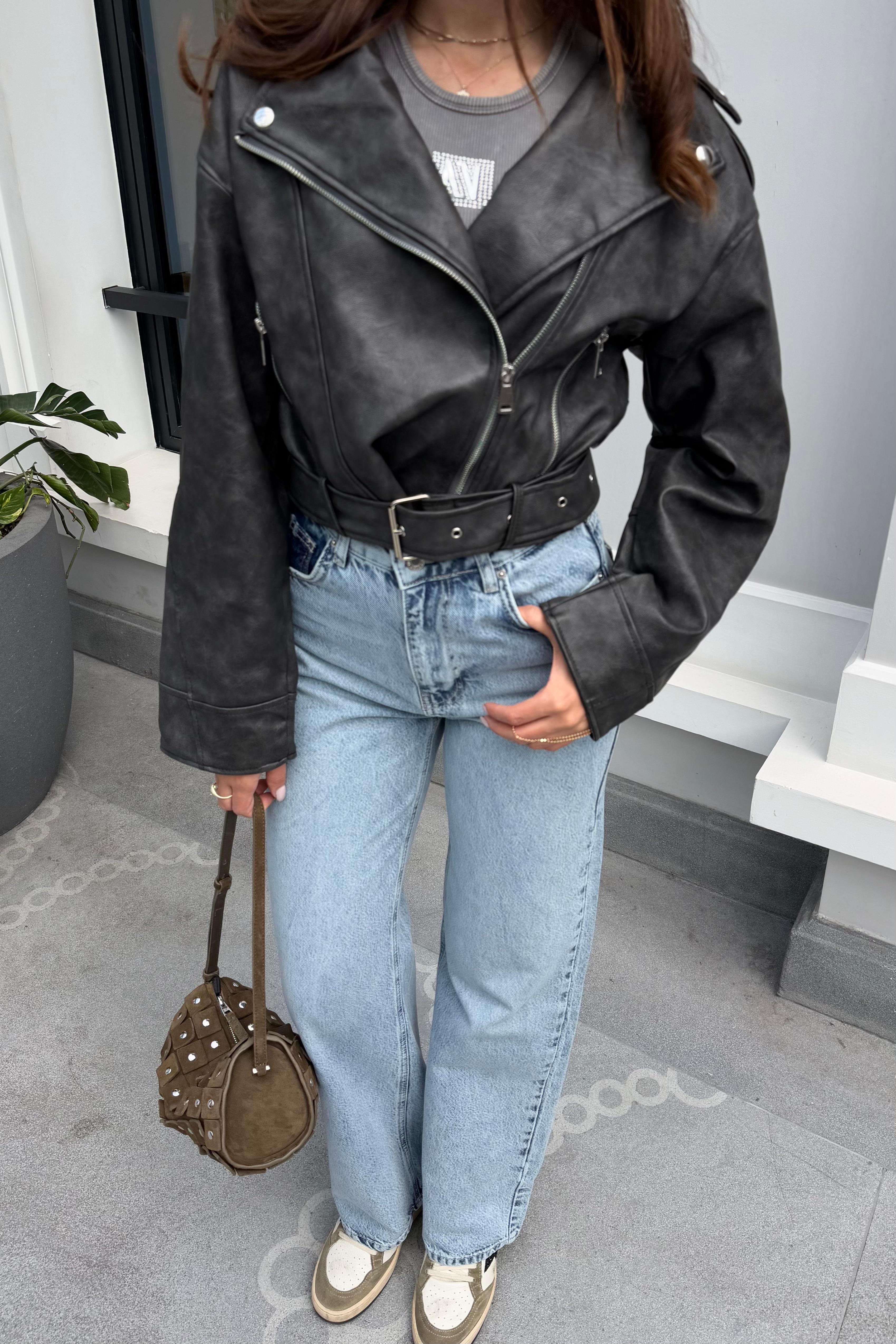 Koyu Kahve Eskitme Motorcu Deri Ceket - Kadın Jackets Modelleri - Nazliye Moda | Kadın Giyim Modası