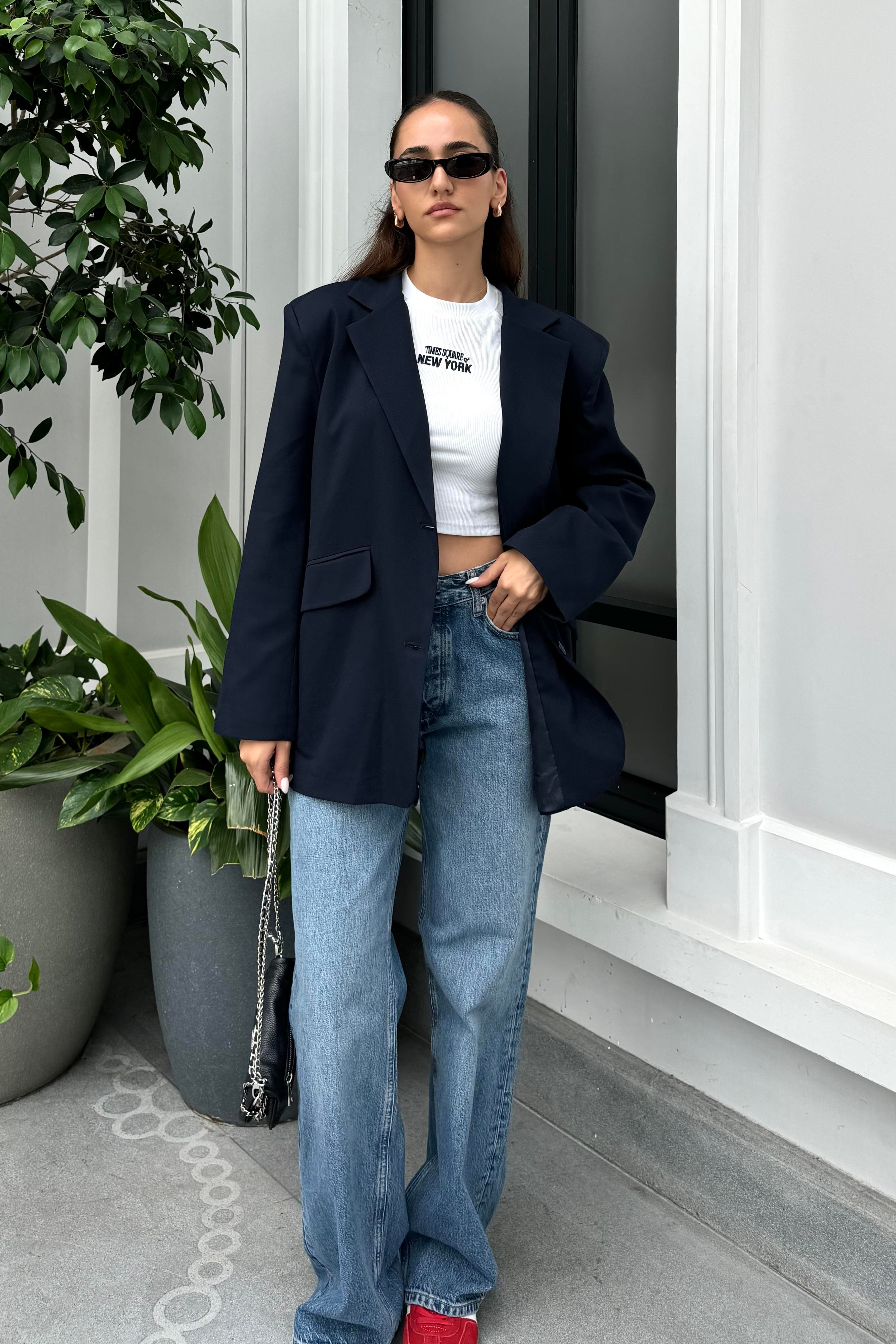 Lacivert Nakışlı Tasarım Blazer Ceket - Kadın Blazer Ceket Modelleri - Nazliye Moda | Kadın Giyim Modası