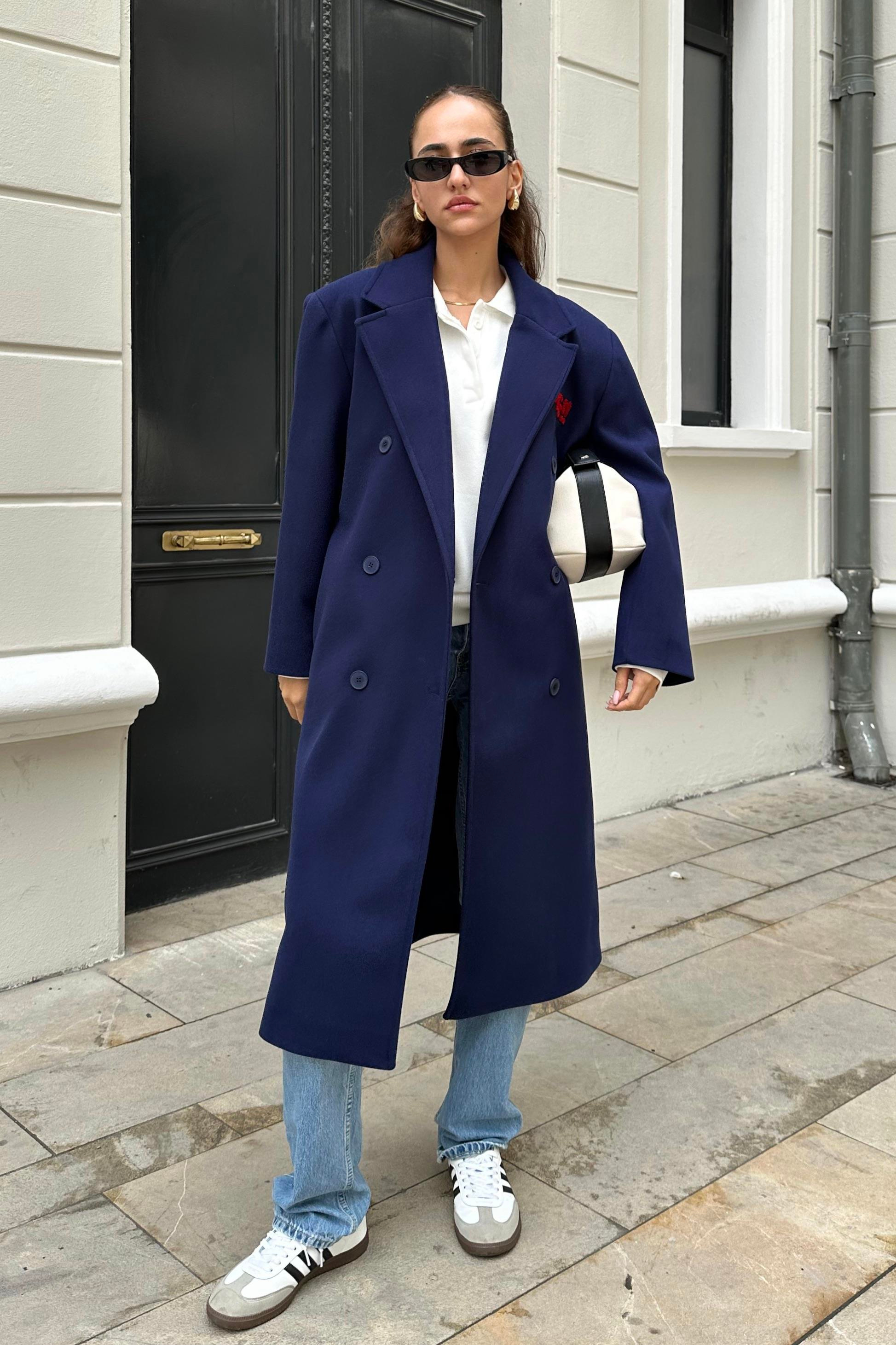 Lacivert Nakışlı Tasarım Kaşe Kaban - Kadın Kaban Modelleri - Nazliye Moda | Kadın Giyim Modası