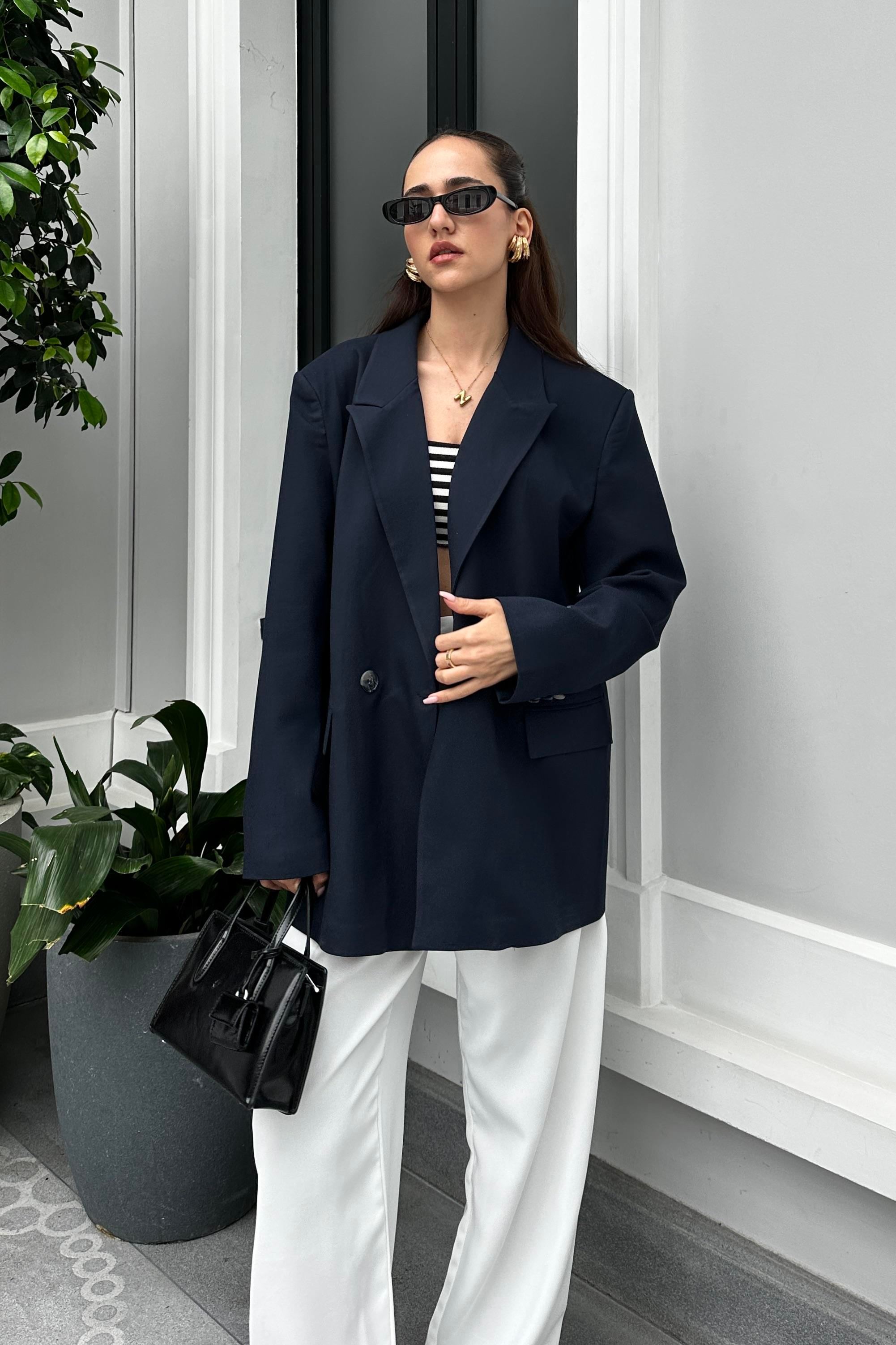 Lacivert Oversize Blazer Ceket - Kadın Blazer Jackets Modelleri - Nazliye Moda - Kadın Giyim Modası