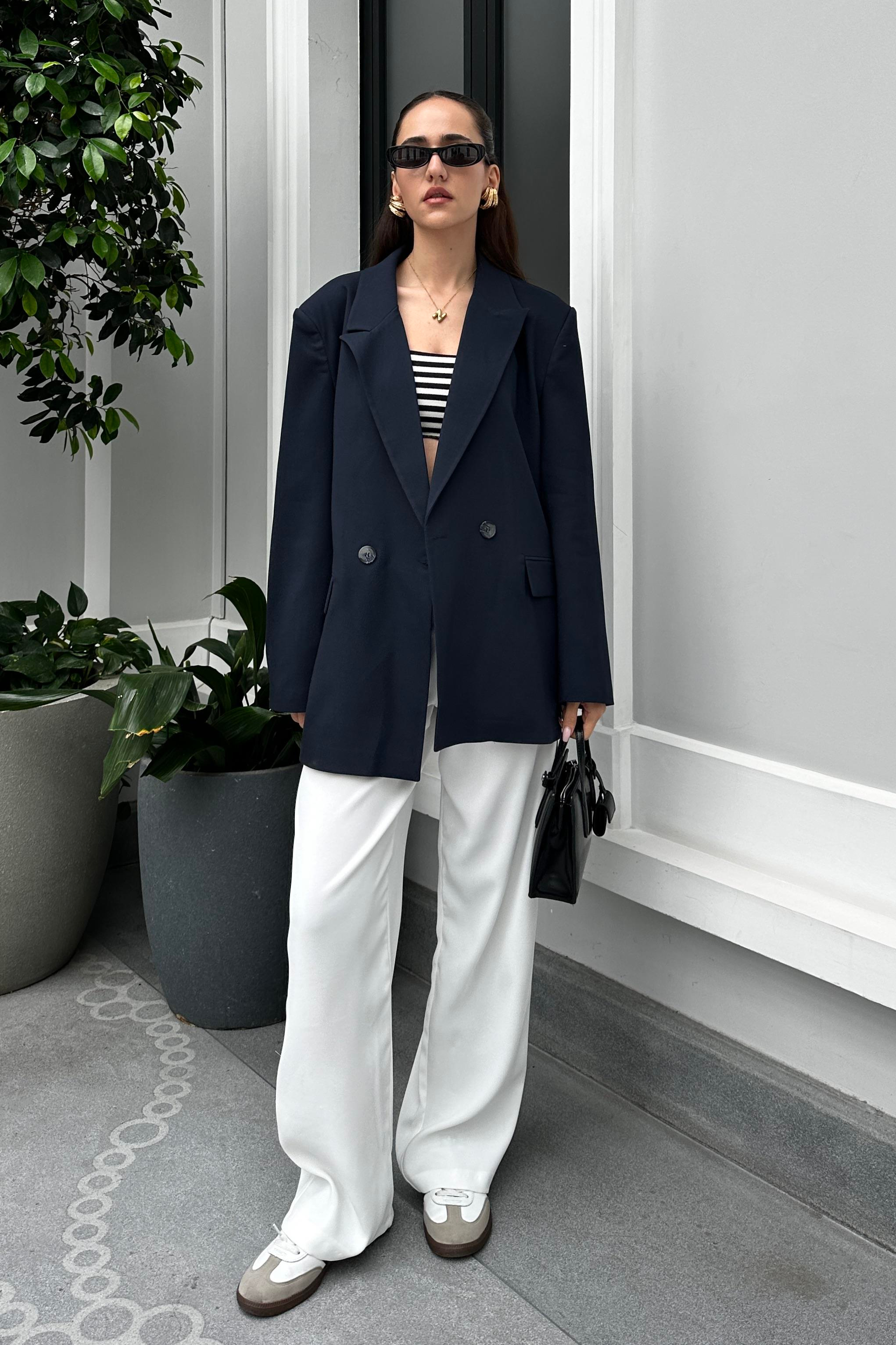 Lacivert Oversize Blazer Ceket - Kadın Blazer Jackets Modelleri - Nazliye Moda - Kadın Giyim Modası