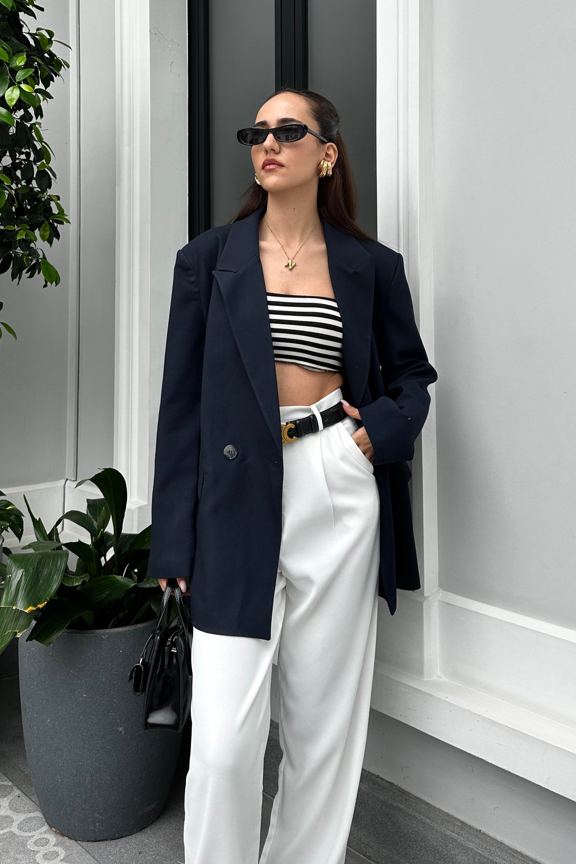 Lacivert Oversize Blazer Ceket - Kadın Blazer Jackets Modelleri - Nazliye Moda - Kadın Giyim Modası