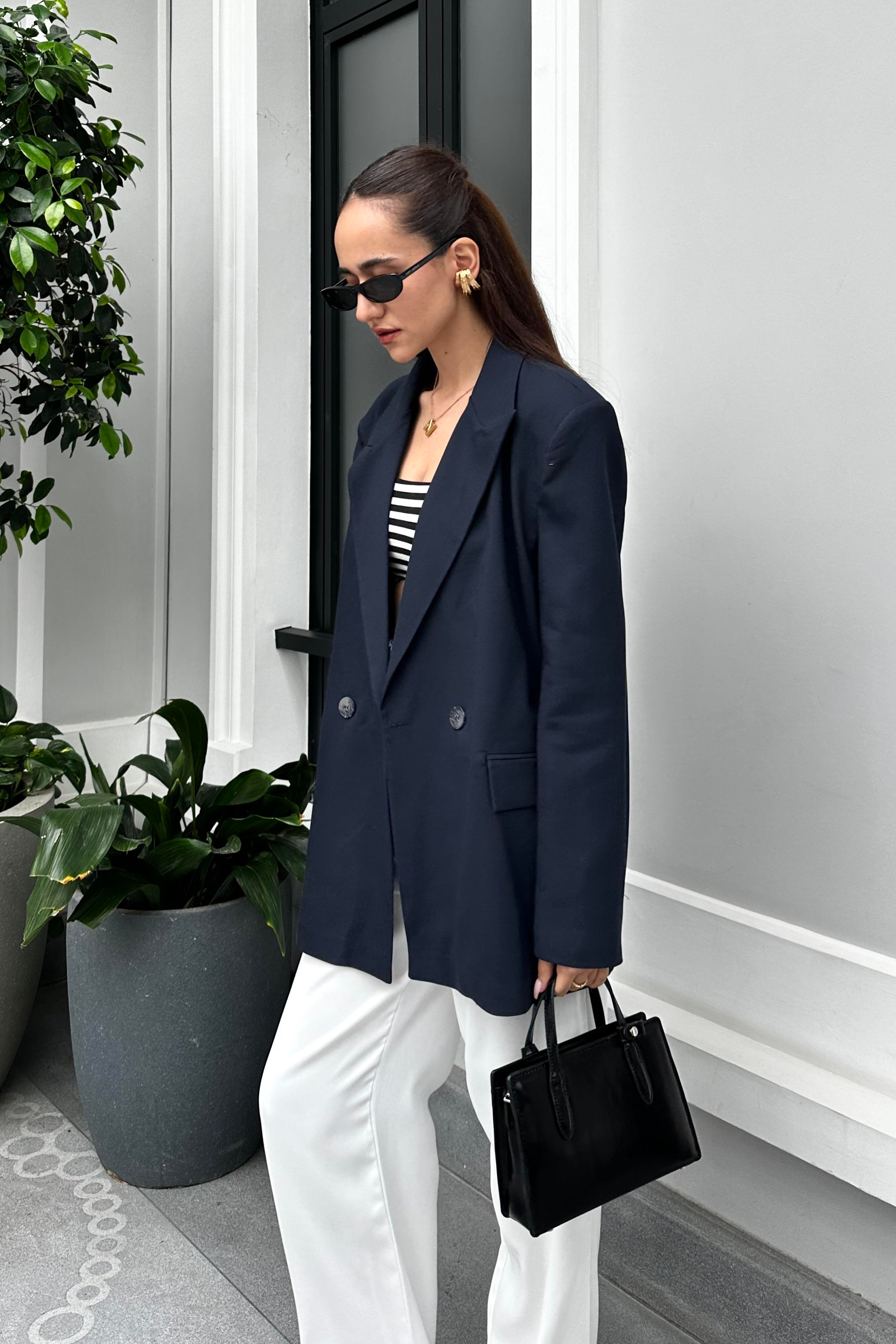 Lacivert Oversize Blazer Ceket - Kadın Blazer Jackets Modelleri - Nazliye Moda - Kadın Giyim Modası