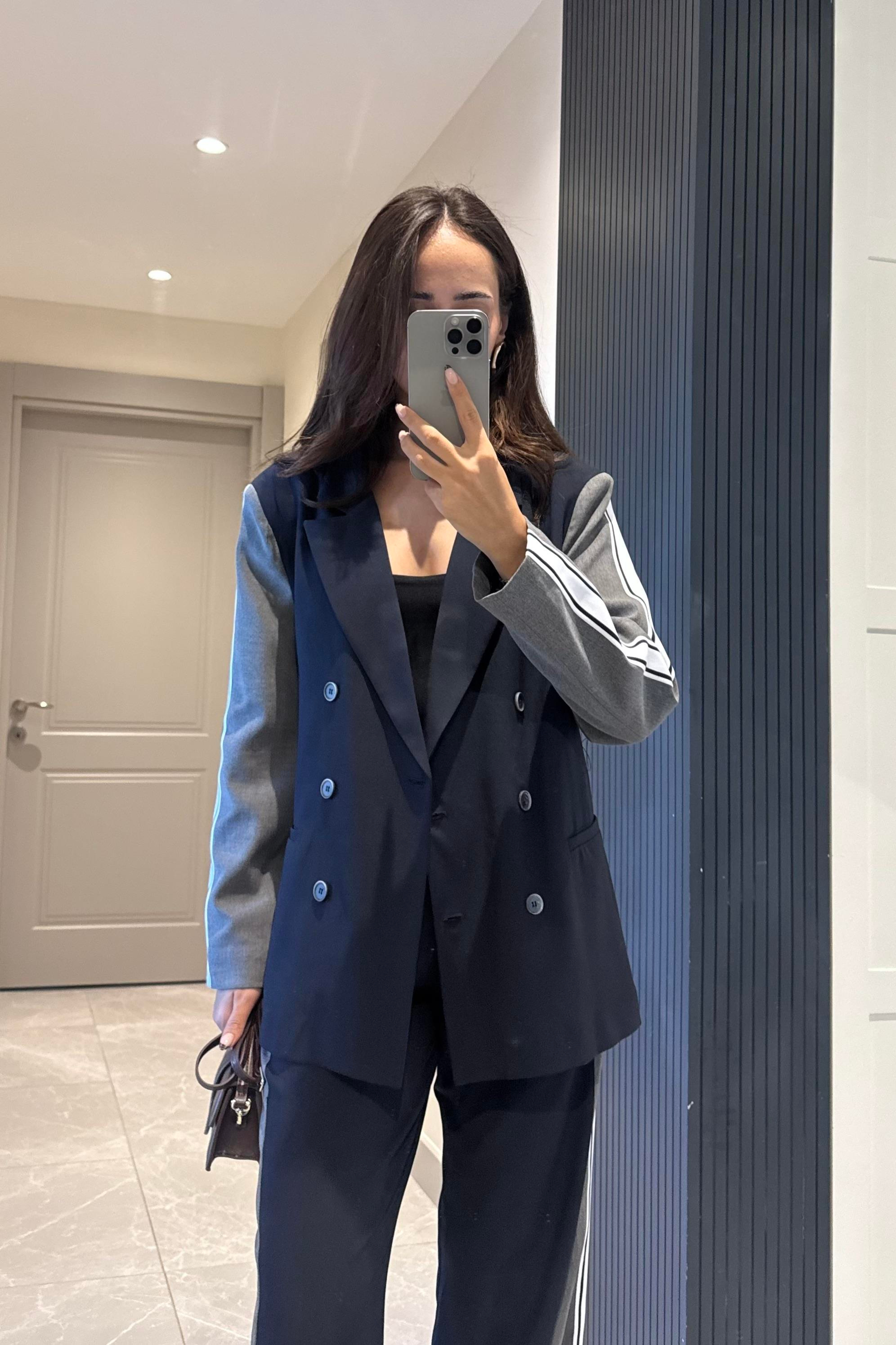Lacivert Şerit Detay Tasarım Blazer Ceket - Kadın Blazer Jackets Modelleri - Nazliye Moda | Kadın Giyim Modası