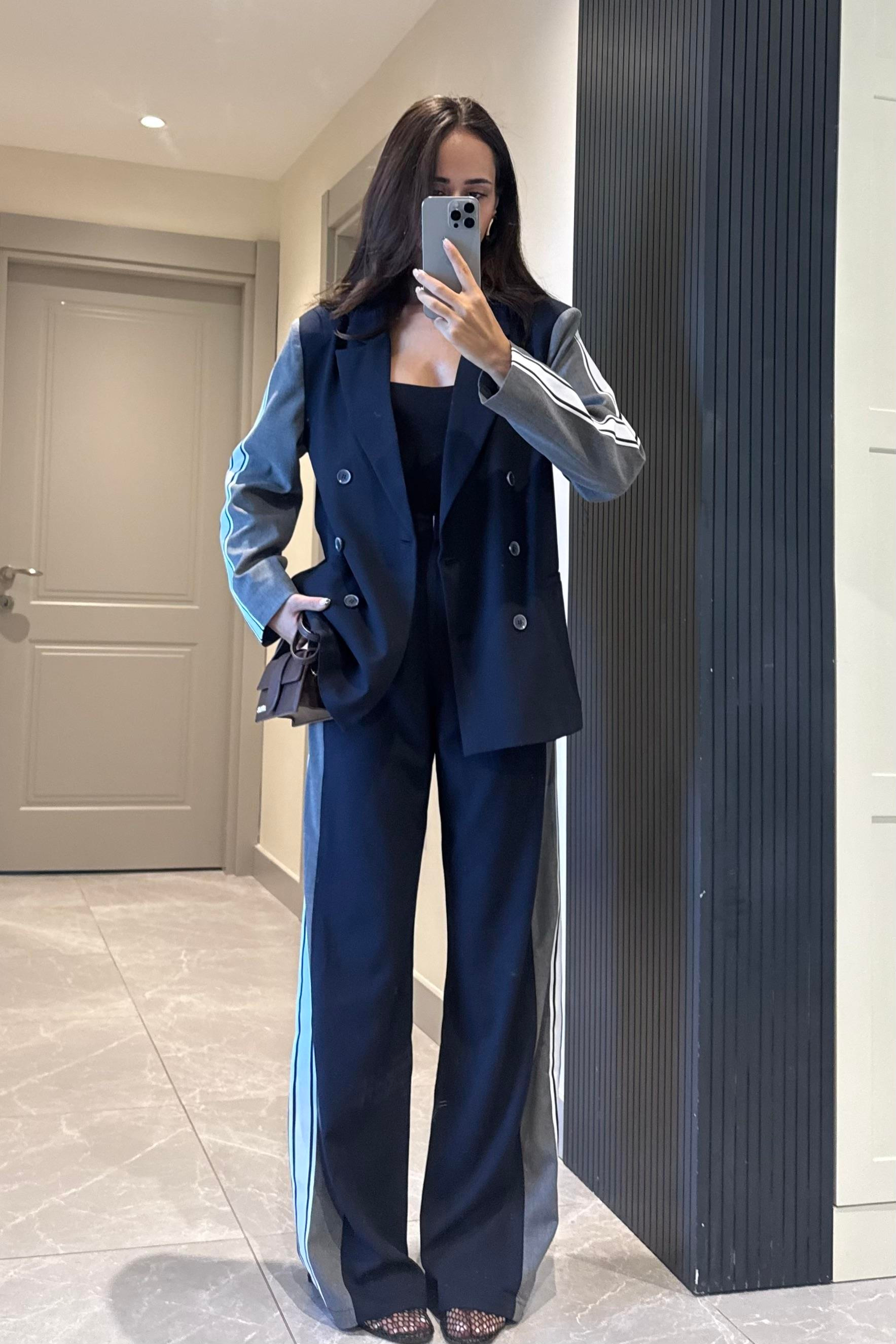 Lacivert Şerit Detay Tasarım Blazer Ceket - Kadın Blazer Jackets Modelleri - Nazliye Moda | Kadın Giyim Modası