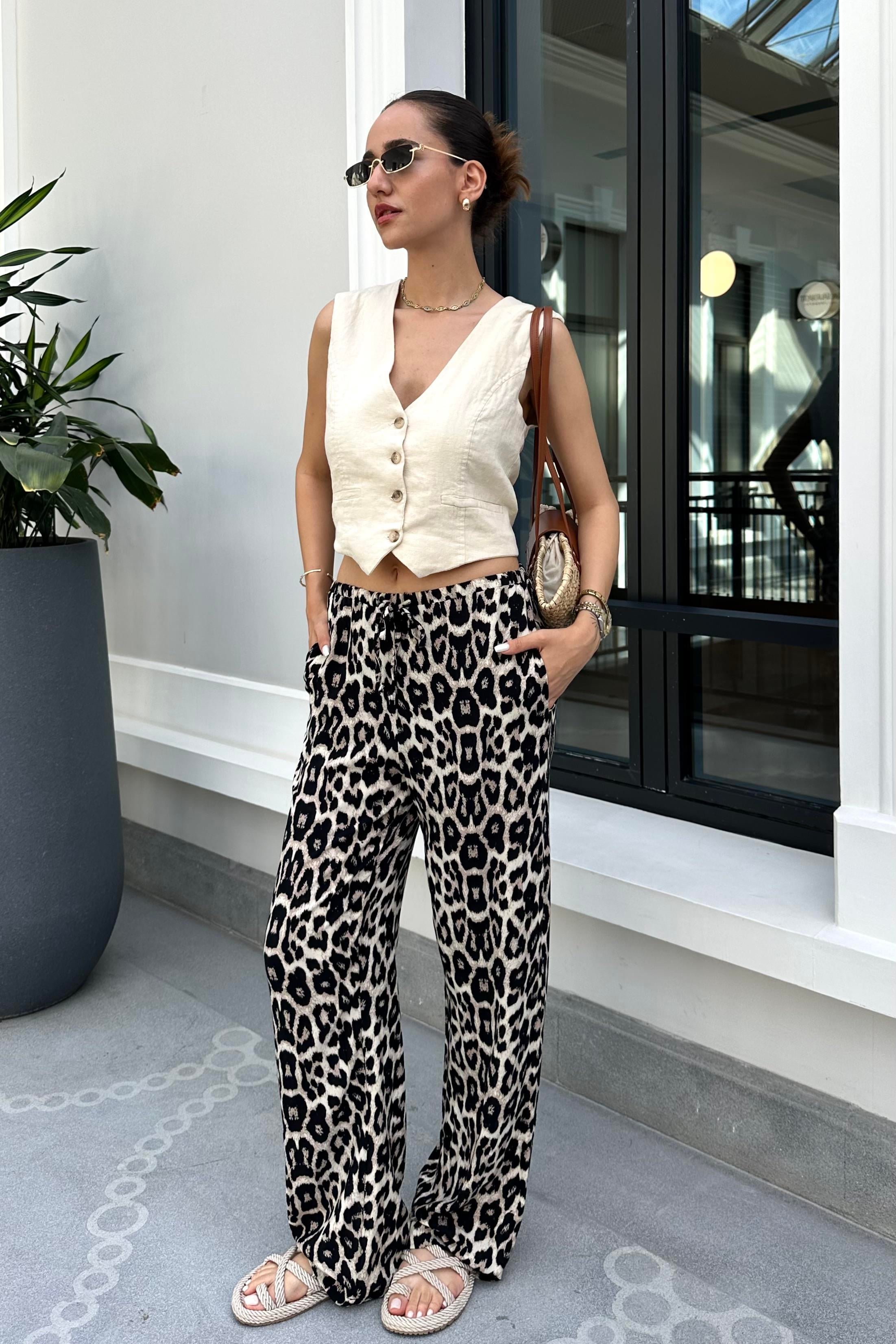 Leopar Lastikli Pantolon - Kadın Trousers Modelleri - Nazliye Moda - Kadın Giyim Modası