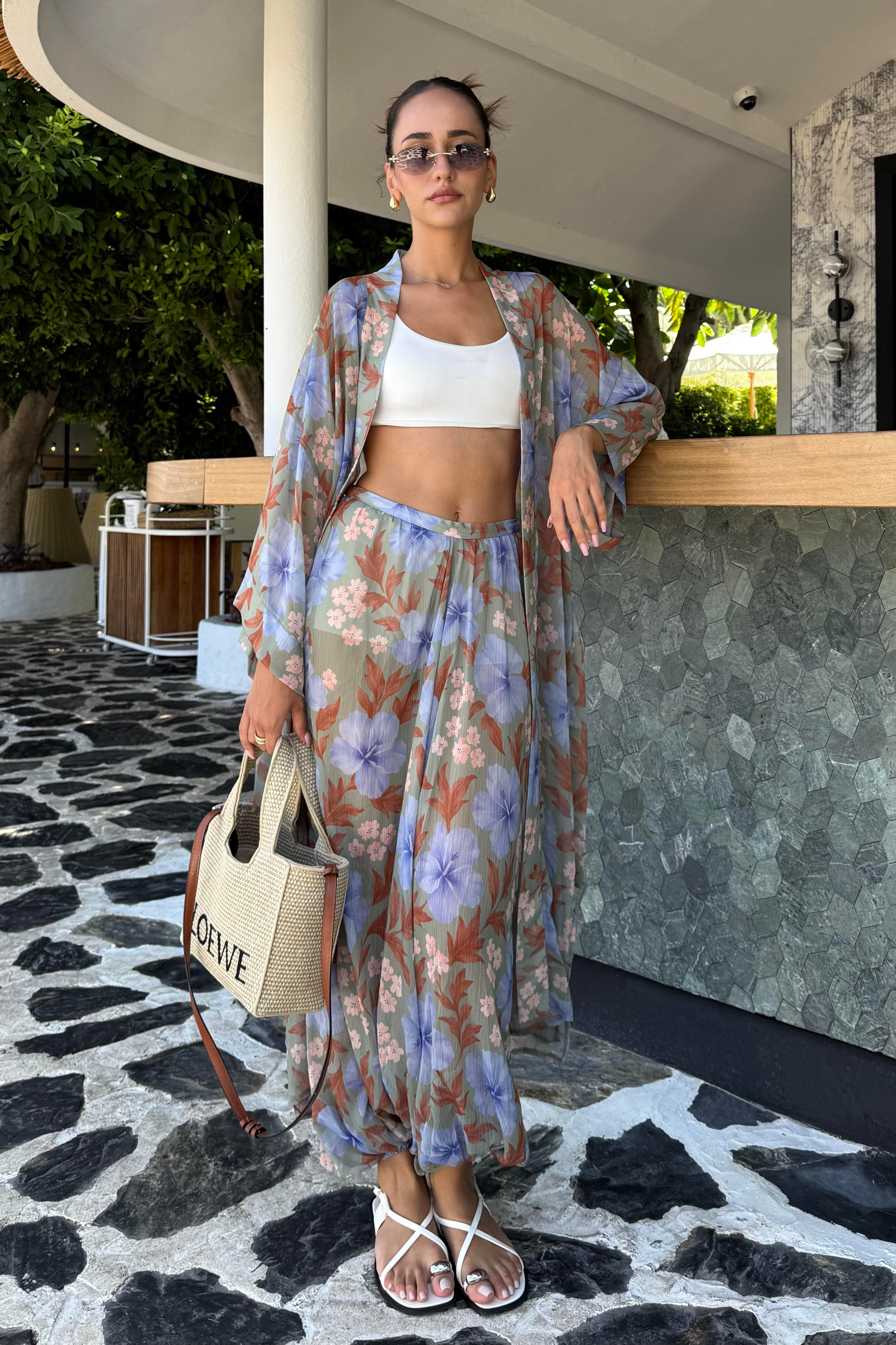Lila Gül Desenli Kimono Takım - Kadın Takım Modelleri - Nazliye Moda | Kadın Giyim Modası