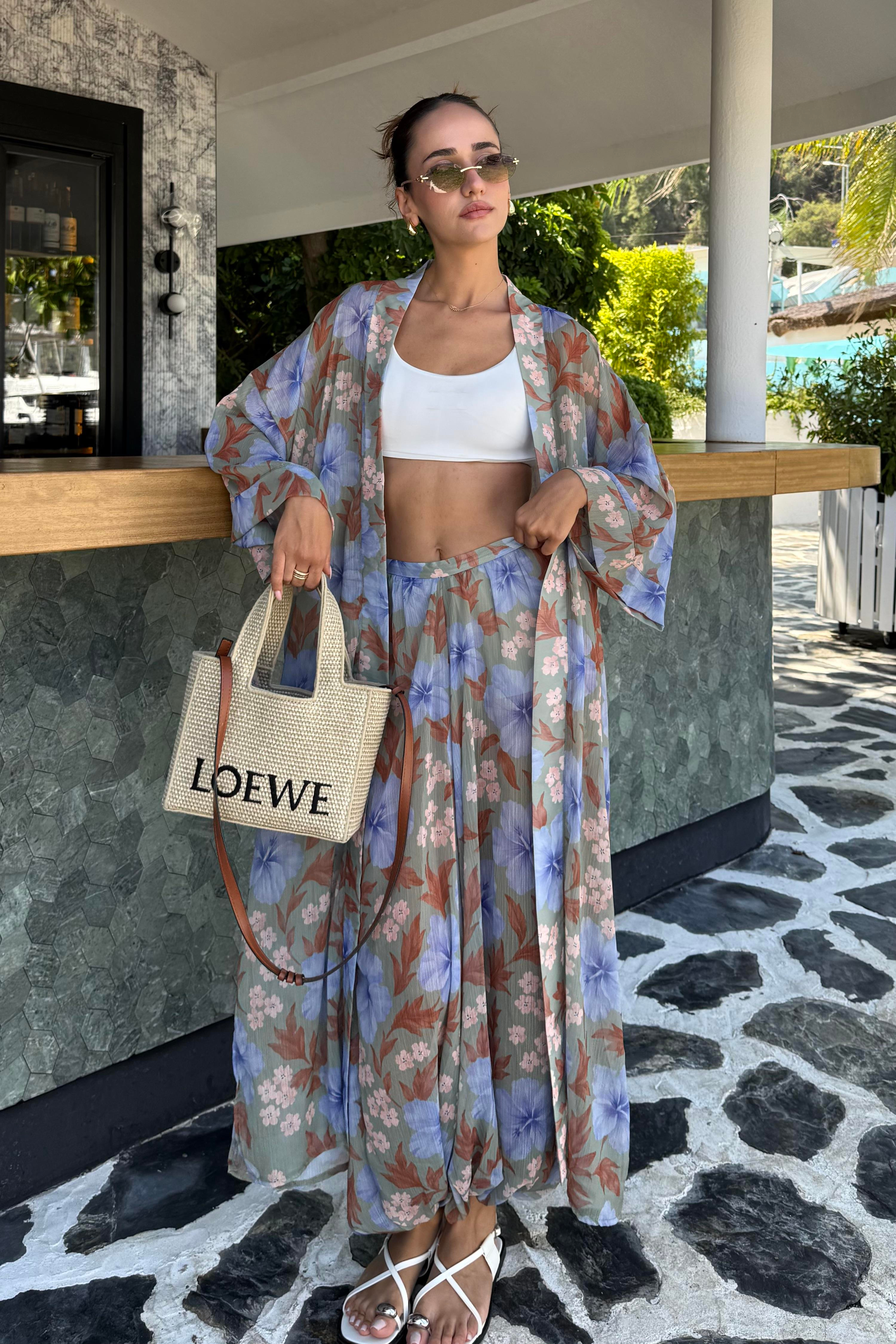 Lila Gül Desenli Kimono Takım - Kadın Takım Modelleri - Nazliye Moda | Kadın Giyim Modası