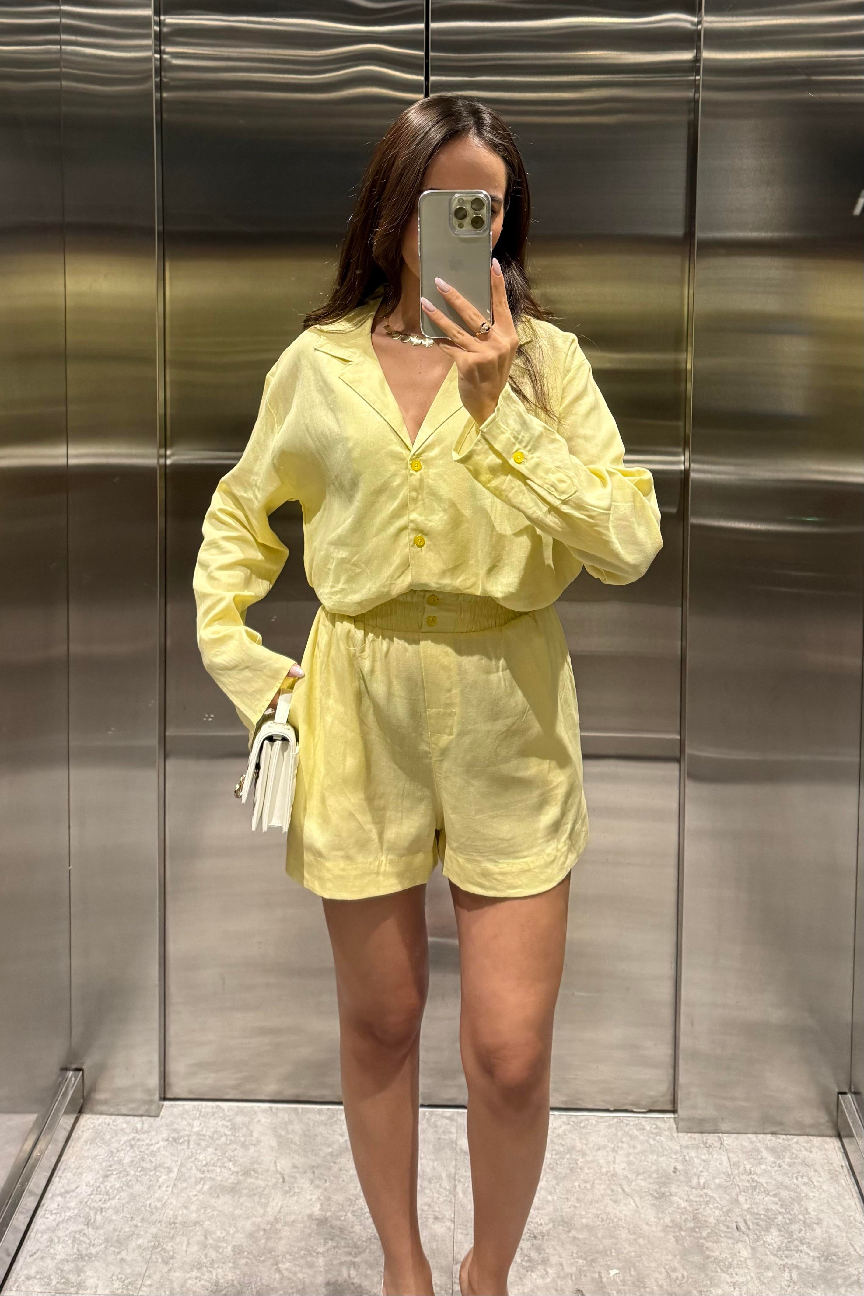 Limon Sarı Şort Gömlek Ham Keten Takım - Kadın Takım Modelleri - Nazliye Moda | Kadın Giyim Modası