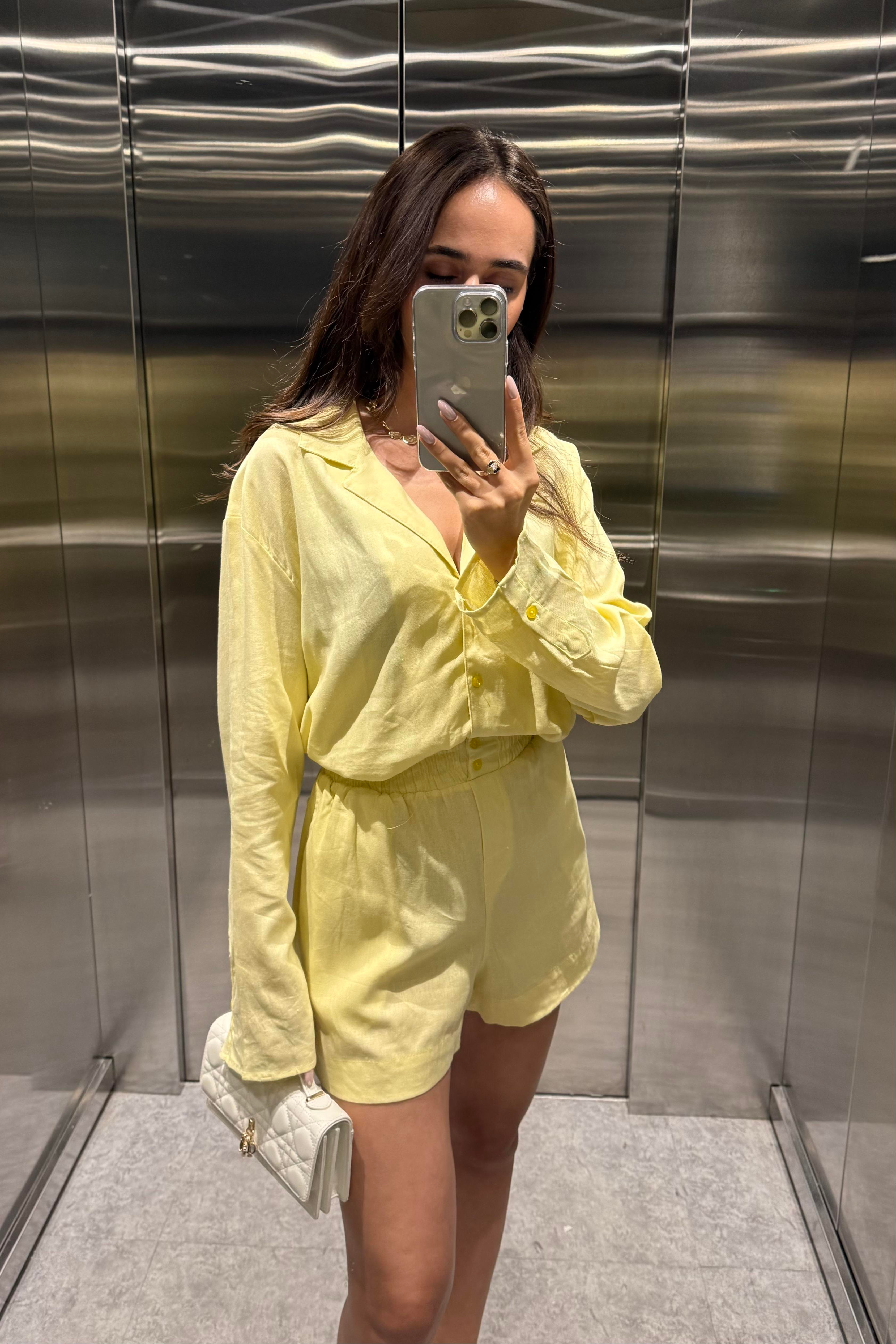 Limon Sarı Şort Gömlek Ham Keten Takım - Kadın Takım Modelleri - Nazliye Moda | Kadın Giyim Modası