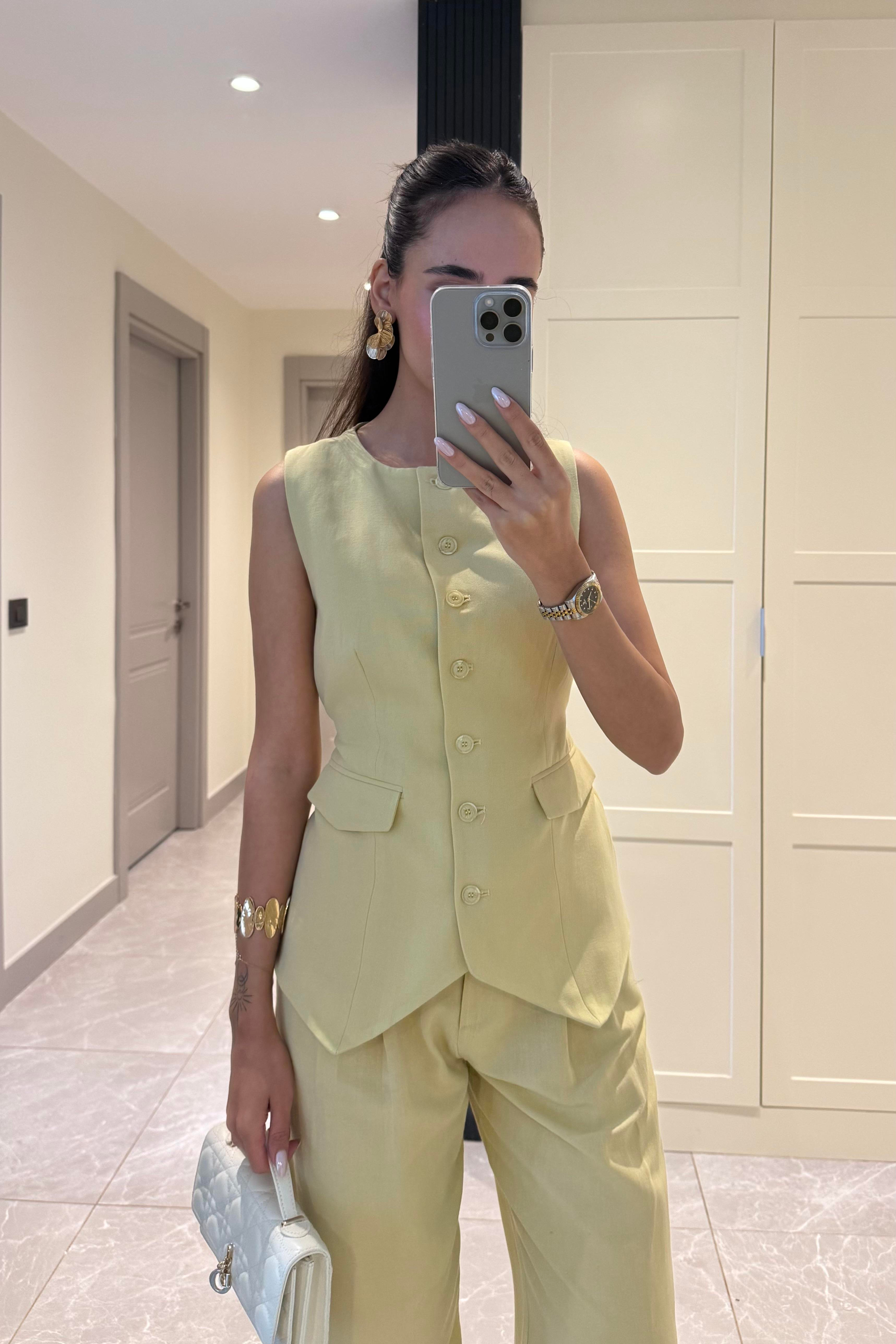 Limon Sarısı Premium Keten Takım - Kadın Takım Modelleri - Nazliye Moda | Kadın Giyim Modası