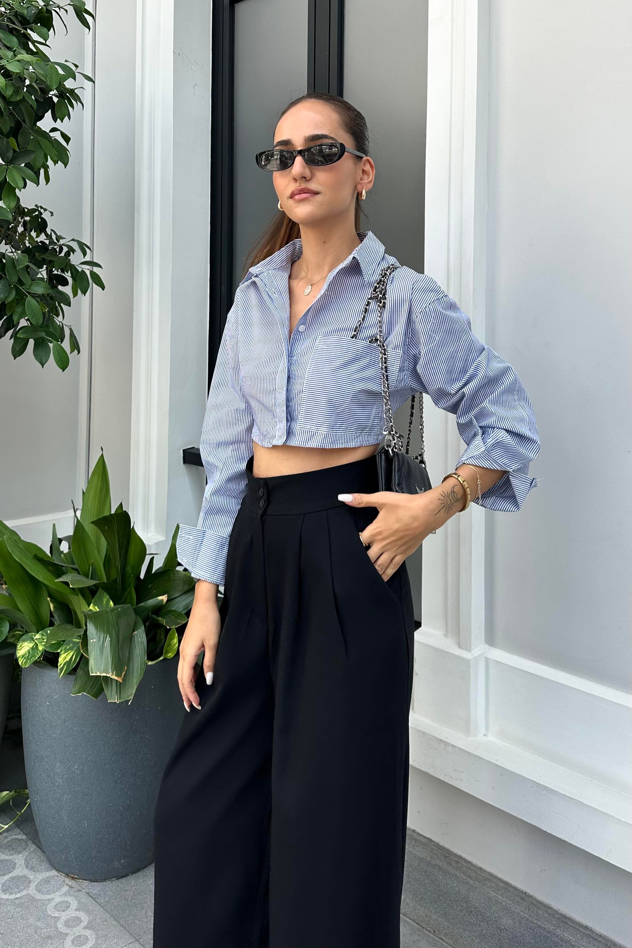 Mavi Çizgili Midi Gömlek - Kadın Shirts Modelleri - Nazliye Moda | Kadın Giyim Modası