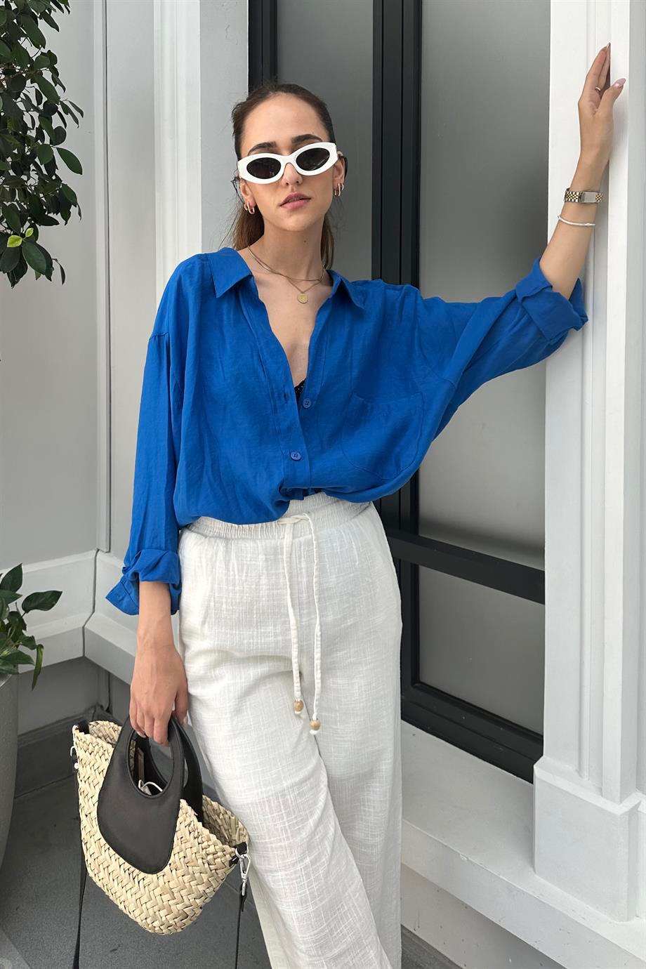 Mavi Düşük Omuz Oversize Gömlek - Kadın Gömlek Modelleri - Nazliye Moda | Kadın Giyim Modası