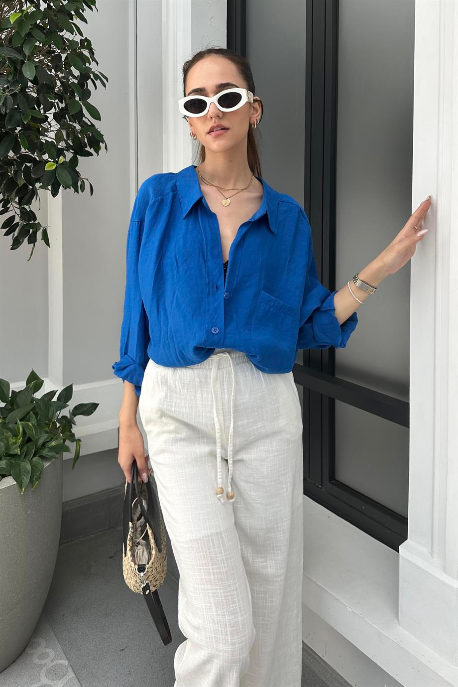 Mavi Düşük Omuz Oversize Gömlek - Kadın Gömlek Modelleri - Nazliye Moda | Kadın Giyim Modası