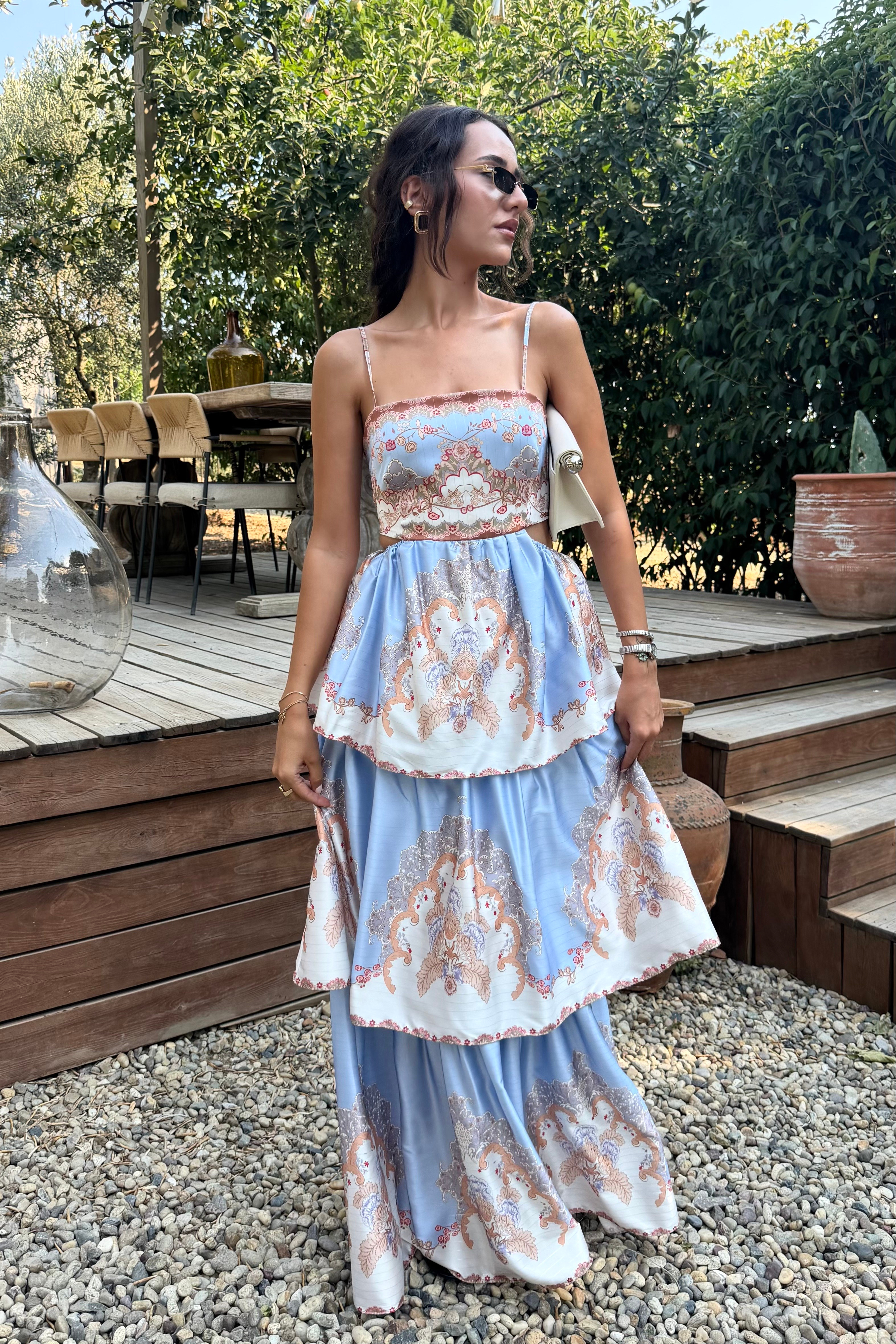 Mavi Etnik Desen Pencere Detay Elbise - Kadın Elbise Modelleri - Nazliye Moda | Kadın Giyim Modası