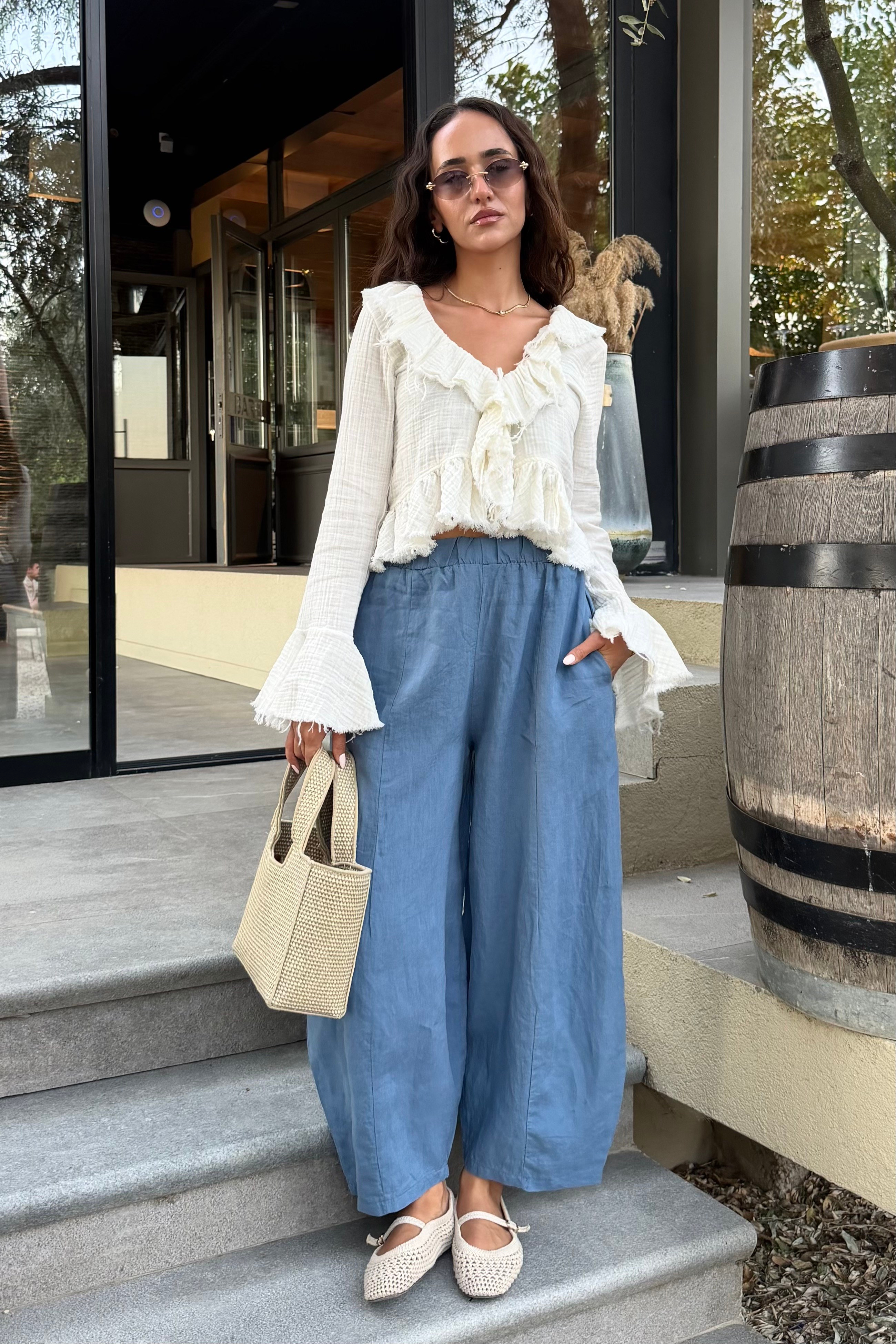 Mavi Ham Keten Pantolon - Kadın Trousers Modelleri - Nazliye Moda | Kadın Giyim Modası