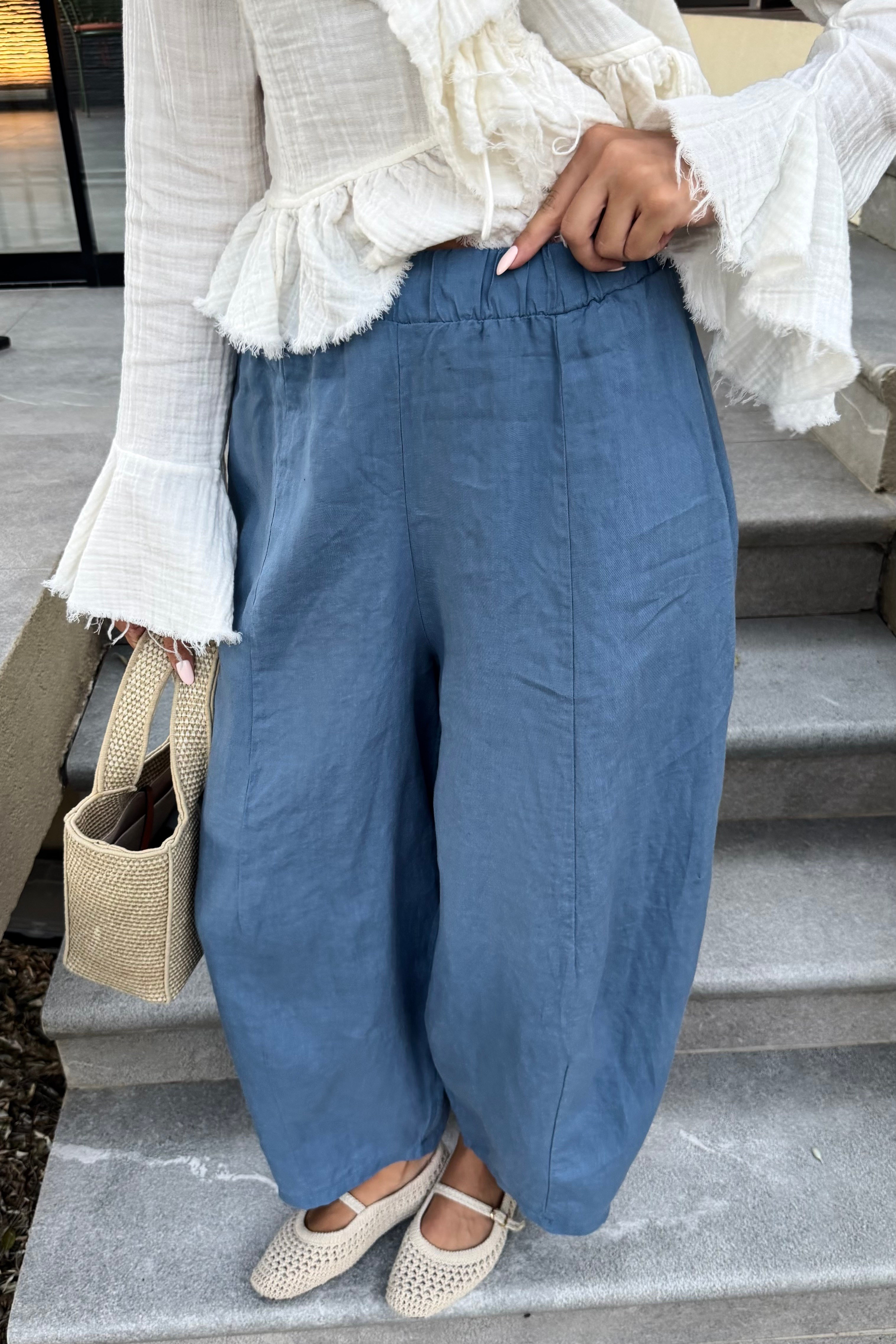 Mavi Ham Keten Pantolon - Kadın Trousers Modelleri - Nazliye Moda | Kadın Giyim Modası