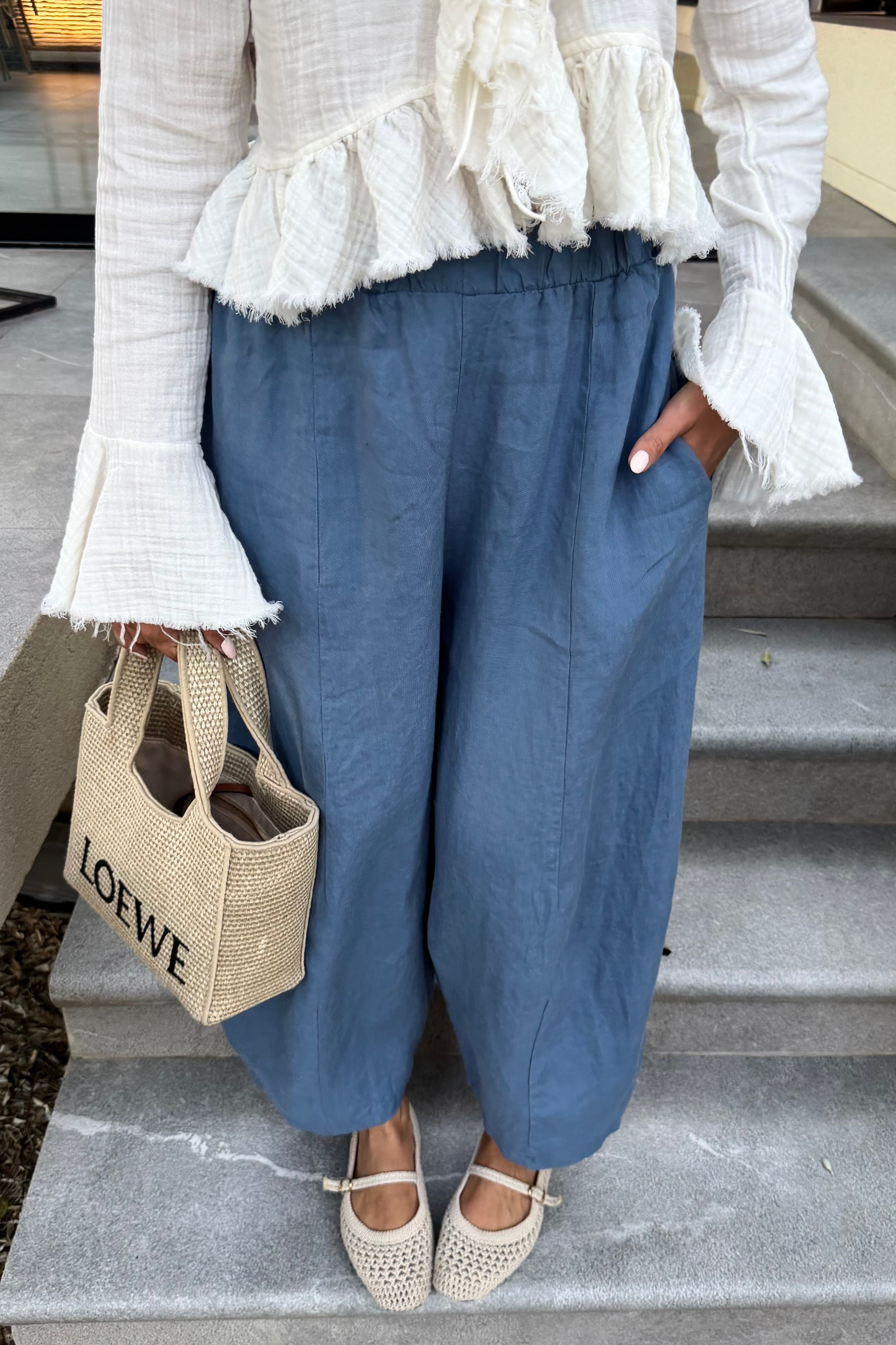 Mavi Ham Keten Pantolon - Kadın Trousers Modelleri - Nazliye Moda | Kadın Giyim Modası
