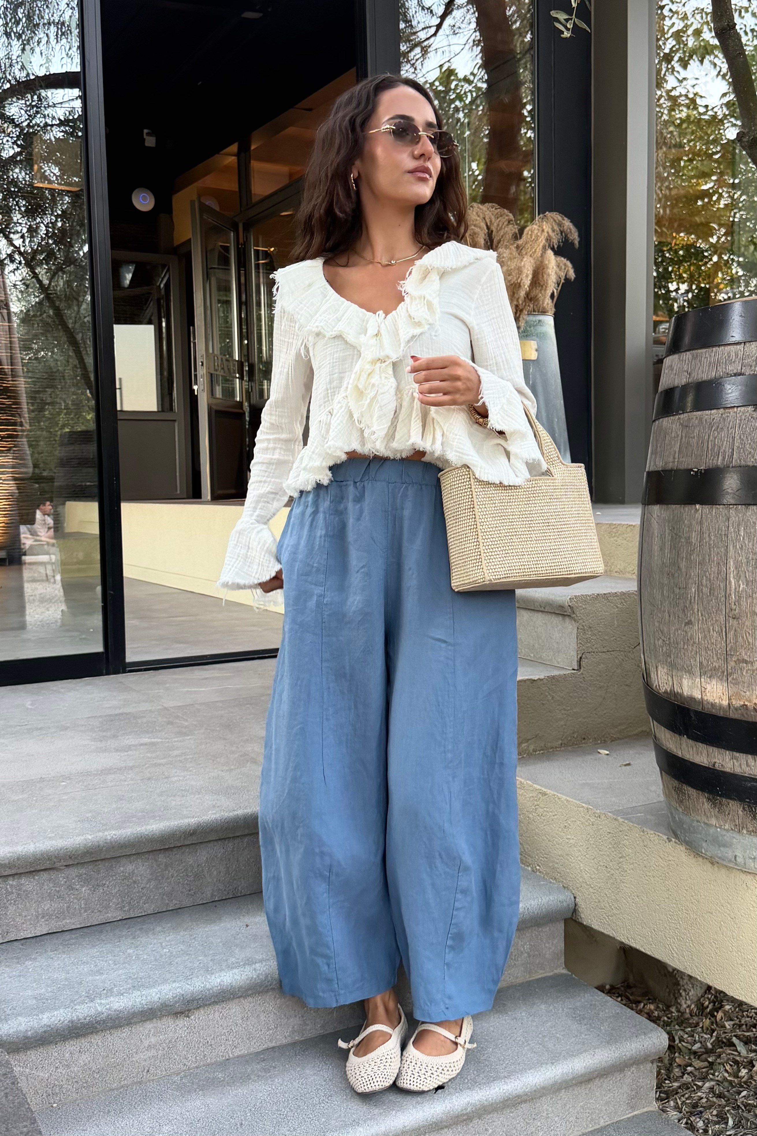 Mavi Ham Keten Pantolon - Kadın Trousers Modelleri - Nazliye Moda | Kadın Giyim Modası