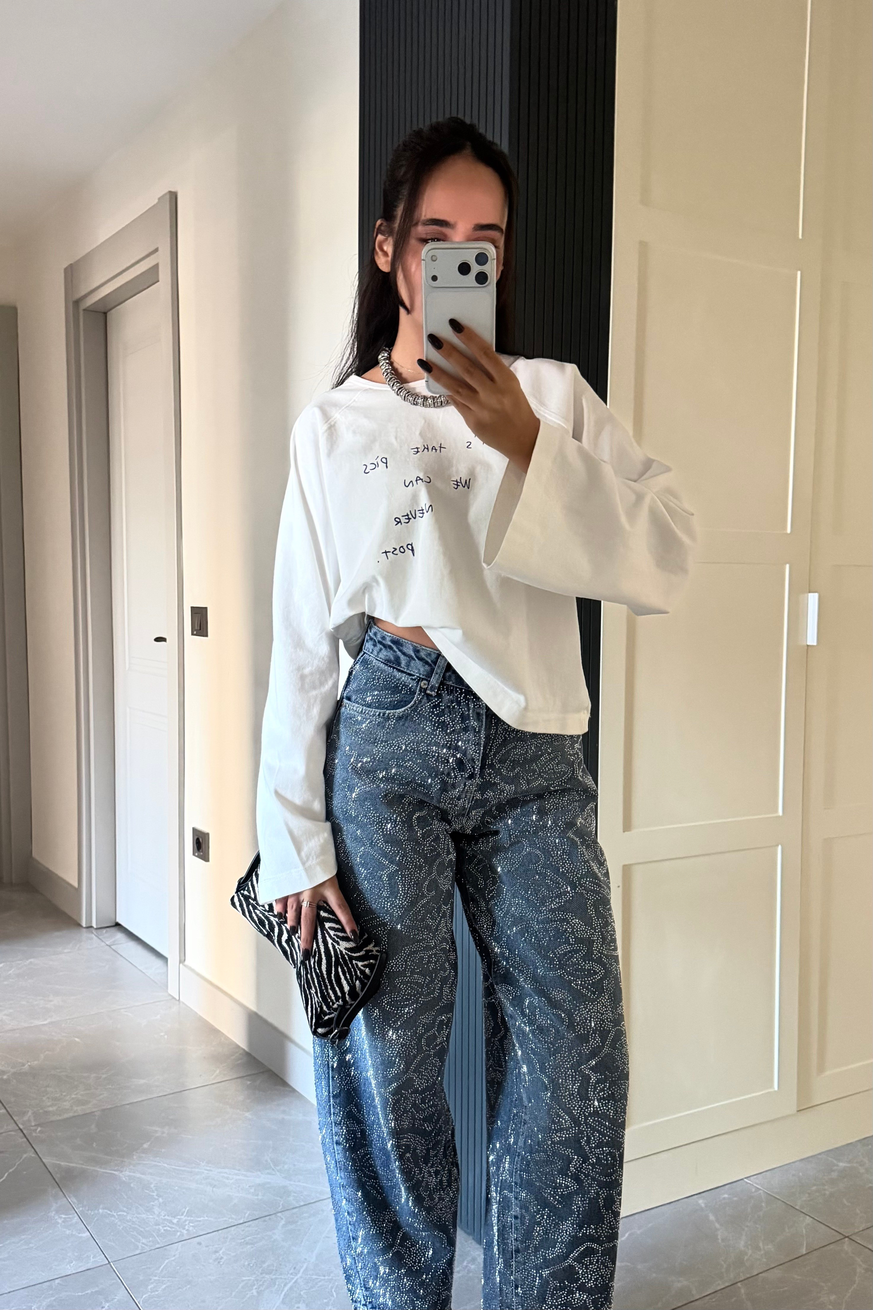 Mavi Taş Baskı Motifli Barrel Jean - Kadın Pantolon Modelleri - Nazliye Moda | Kadın Giyim Modası