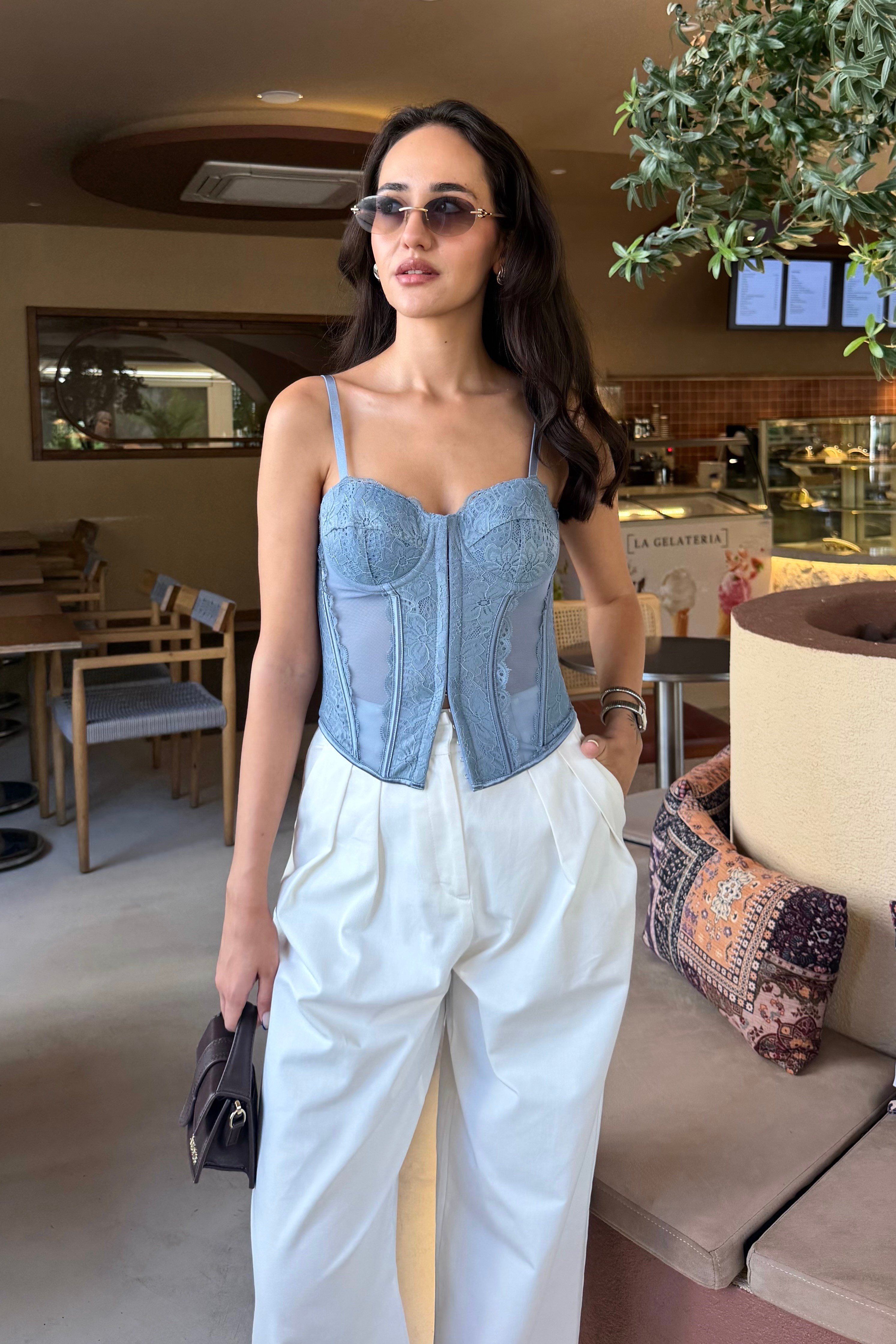 Mavi Tasarım Tül Korse Bluz - Kadın Bluz Modelleri - Nazliye Moda | Kadın Giyim Modası