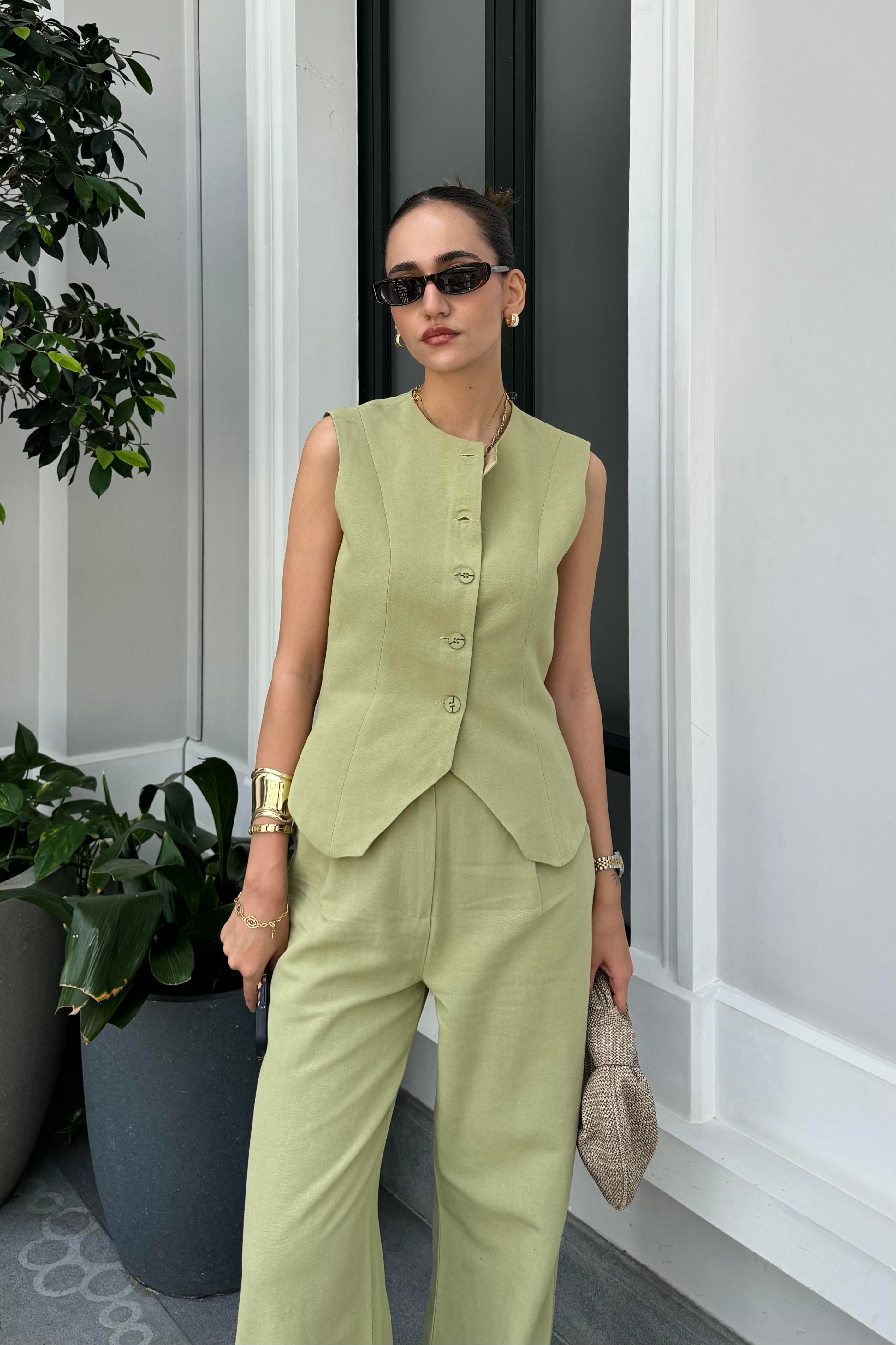 Mint Yeşili Keten Takım - Kadın Outfit Sets Modelleri - Nazliye Moda - Kadın Giyim Modası