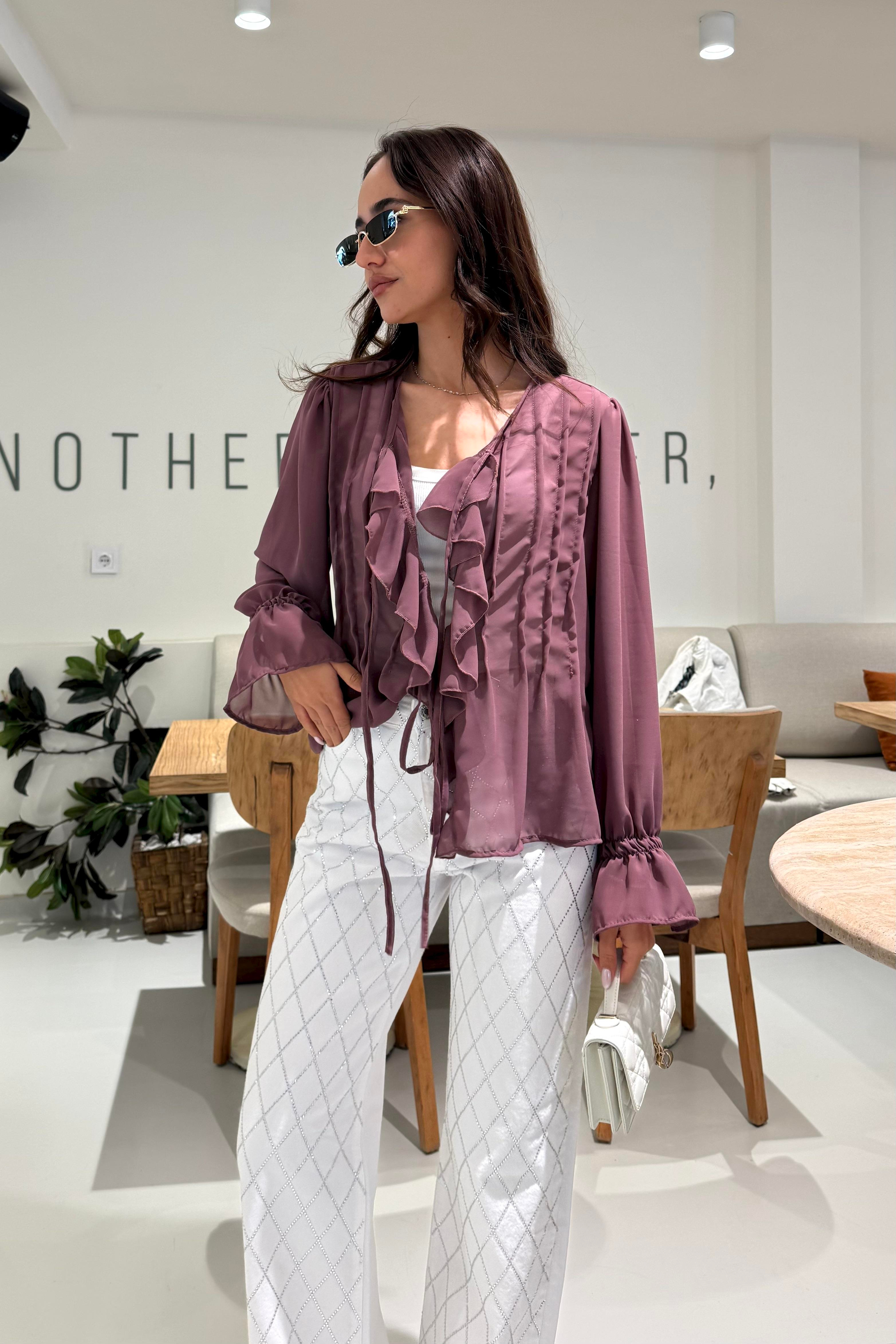 Mürdüm Bağlama Detay Şifon Gömlek - Kadın Shirts Modelleri - Nazliye Moda | Kadın Giyim Modası