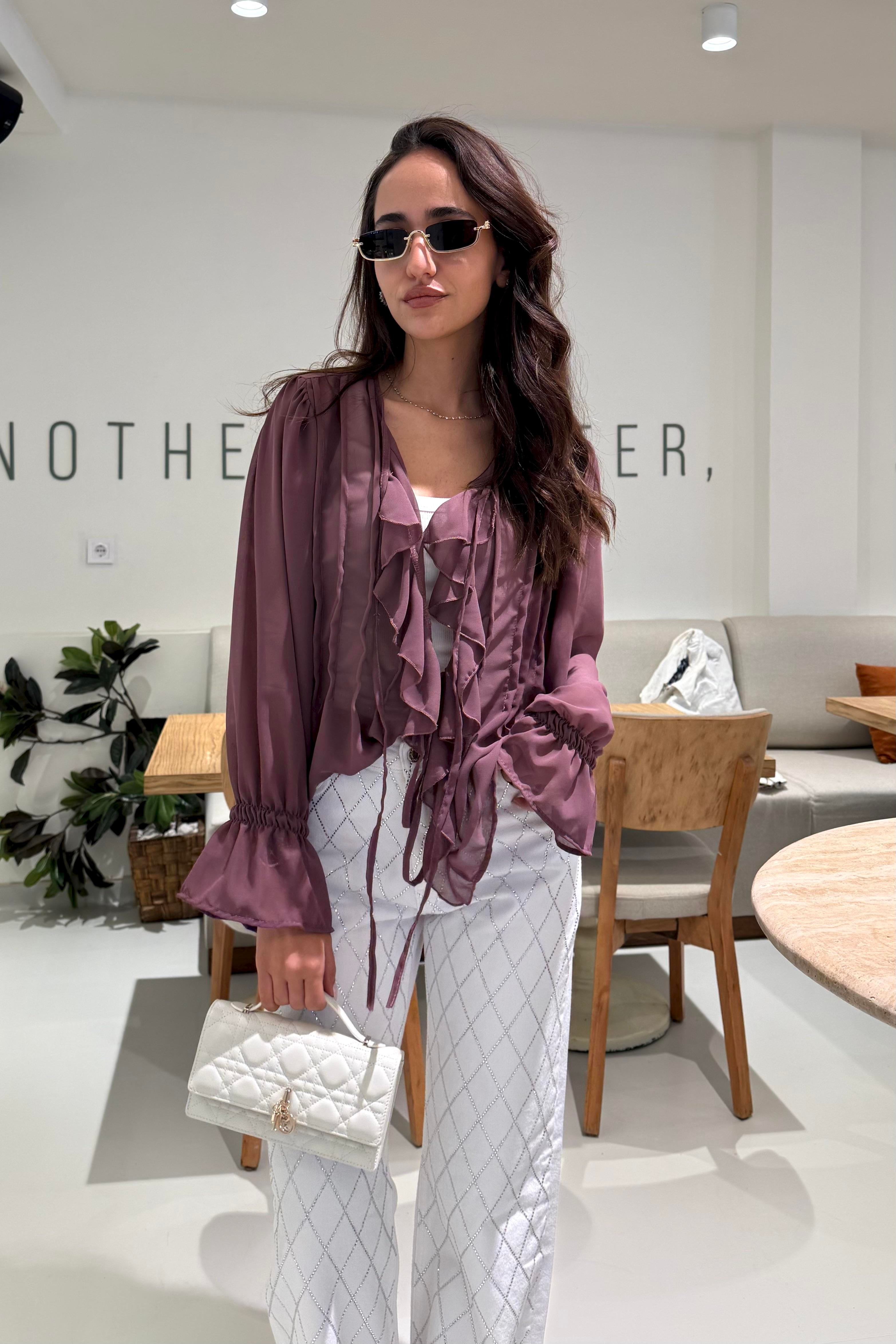 Mürdüm Bağlama Detay Şifon Gömlek - Kadın Shirts Modelleri - Nazliye Moda | Kadın Giyim Modası