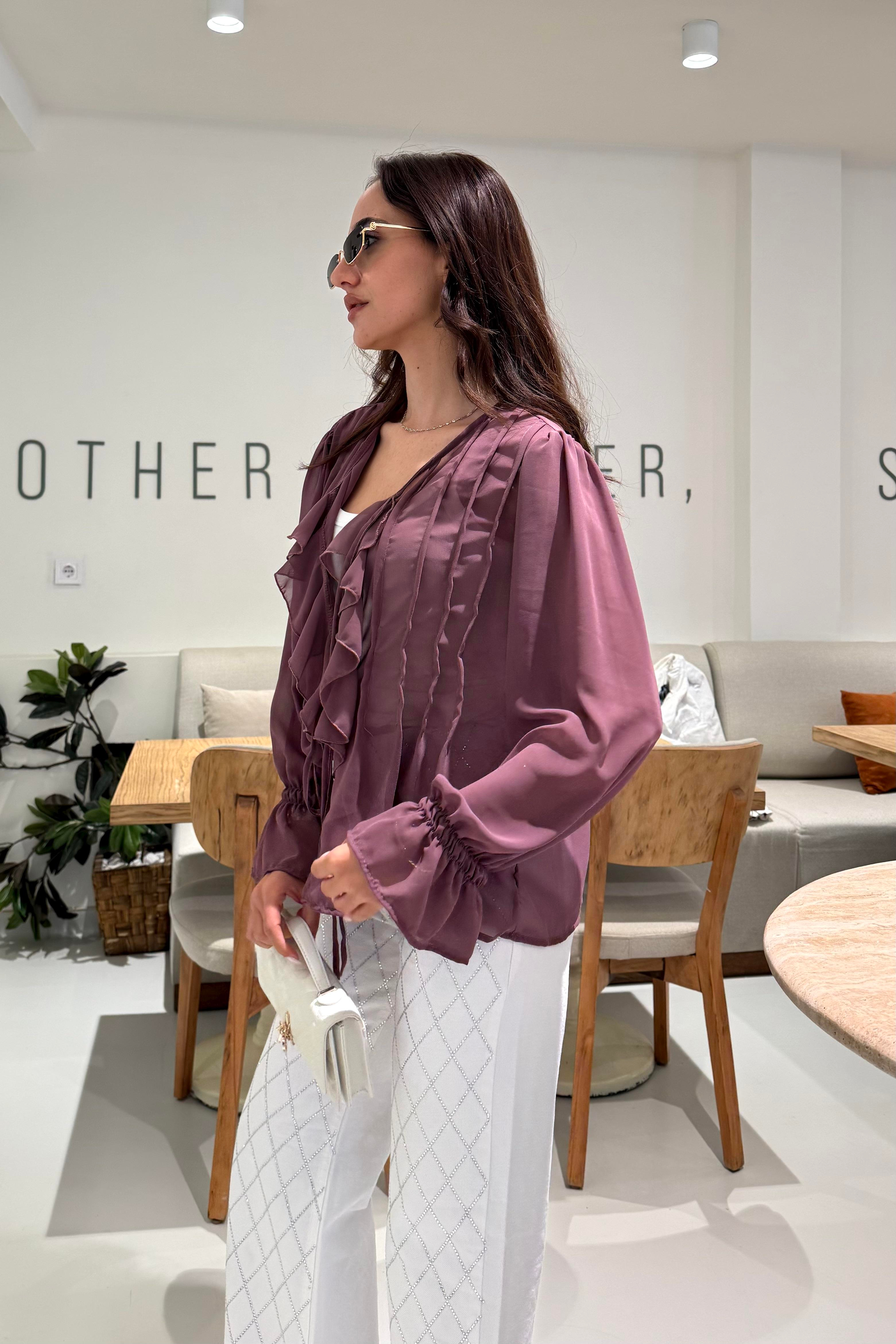 Mürdüm Bağlama Detay Şifon Gömlek - Kadın Shirts Modelleri - Nazliye Moda | Kadın Giyim Modası