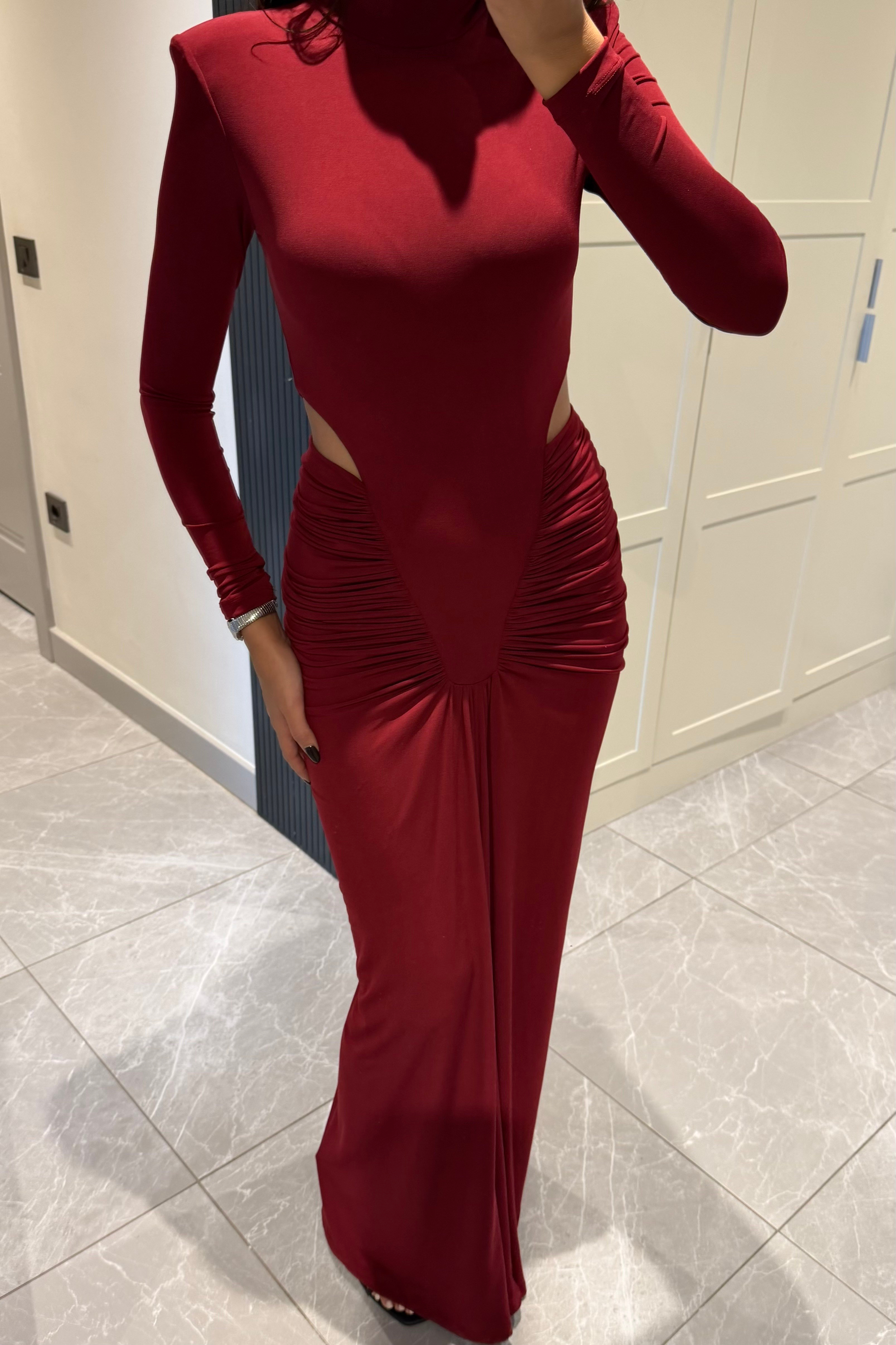 Mürdüm Bel Dekolteli Drape Uzun Elbise - Kadın Elbise Modelleri - Nazliye Moda | Kadın Giyim Modası