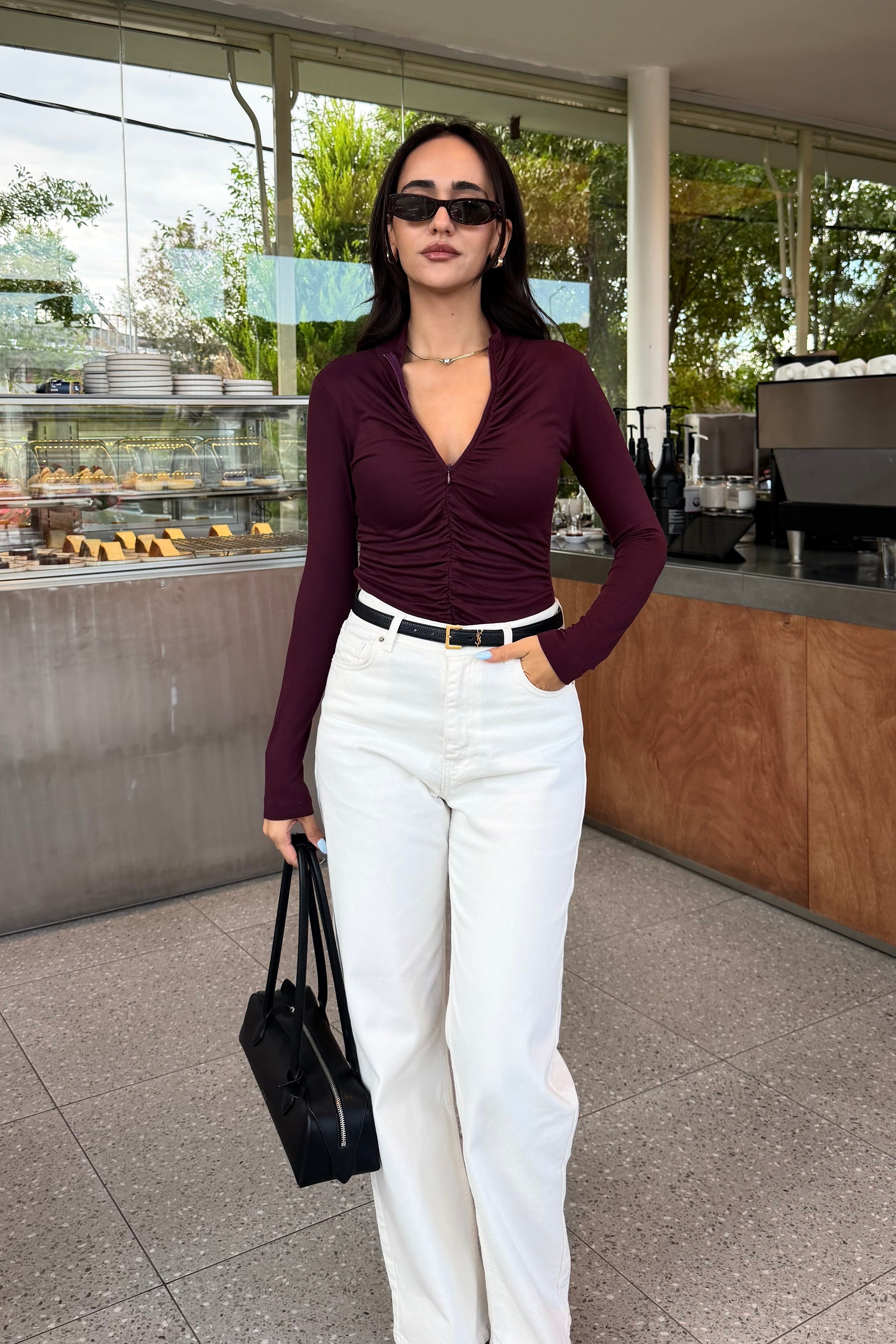 Mürdüm Büzgü Detay Fermuarlı Bluz - Kadın Bluz Modelleri - Nazliye Moda | Kadın Giyim Modası