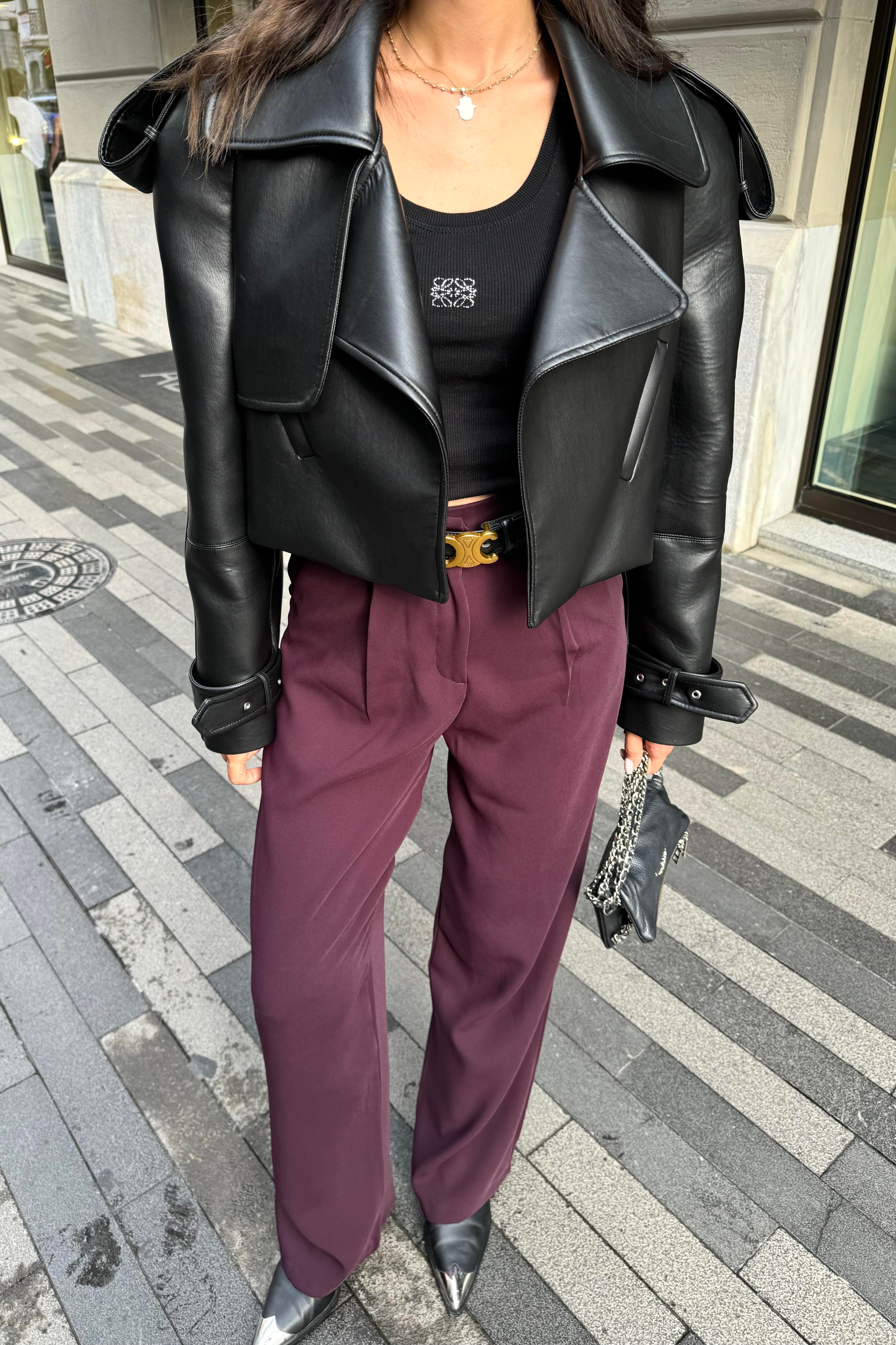 Mürdüm Dökümlü Palazzo Pantolon - Kadın Trousers Modelleri - Nazliye Moda | Kadın Giyim Modası