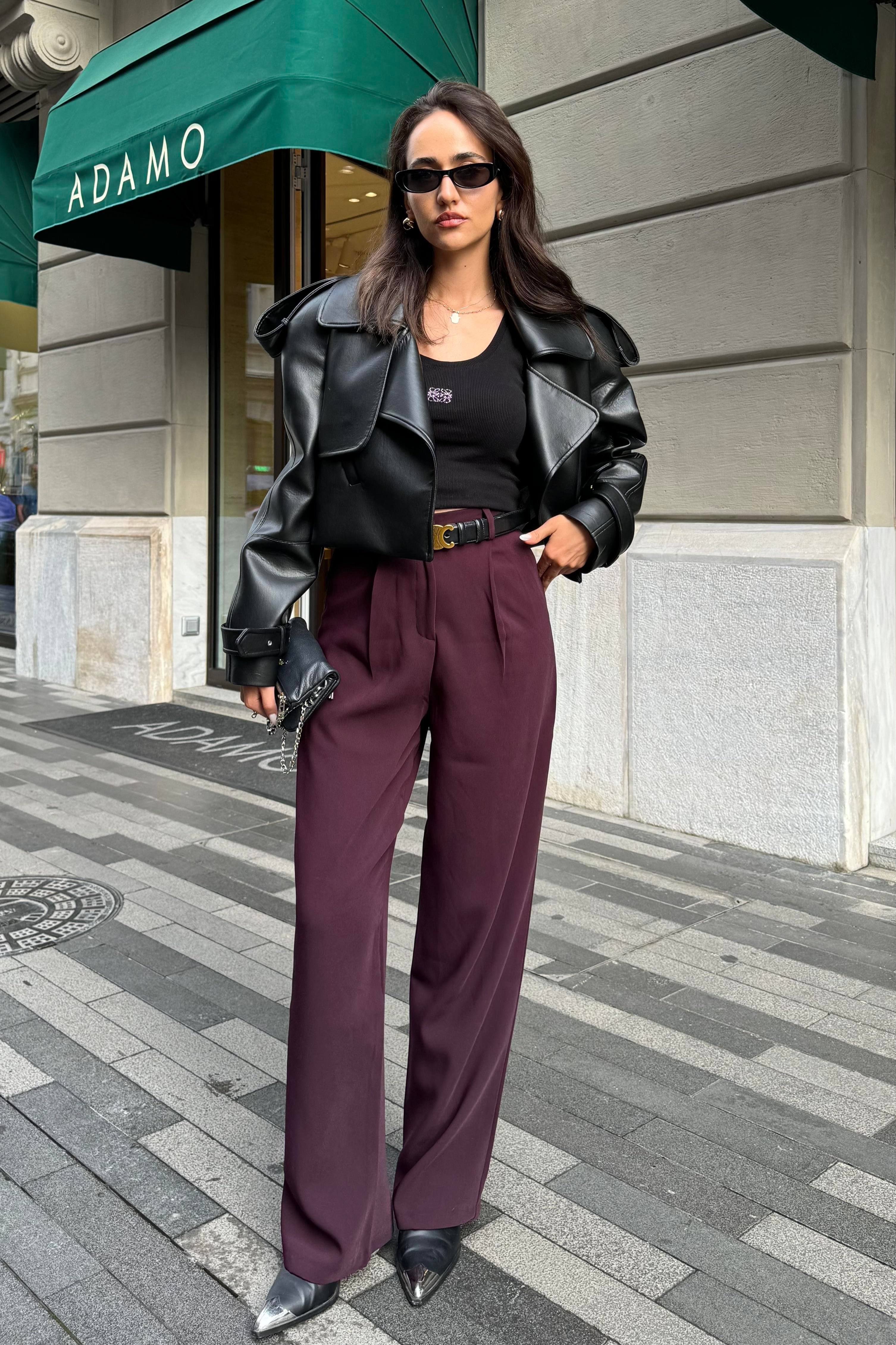 Mürdüm Dökümlü Palazzo Pantolon - Kadın Trousers Modelleri - Nazliye Moda | Kadın Giyim Modası