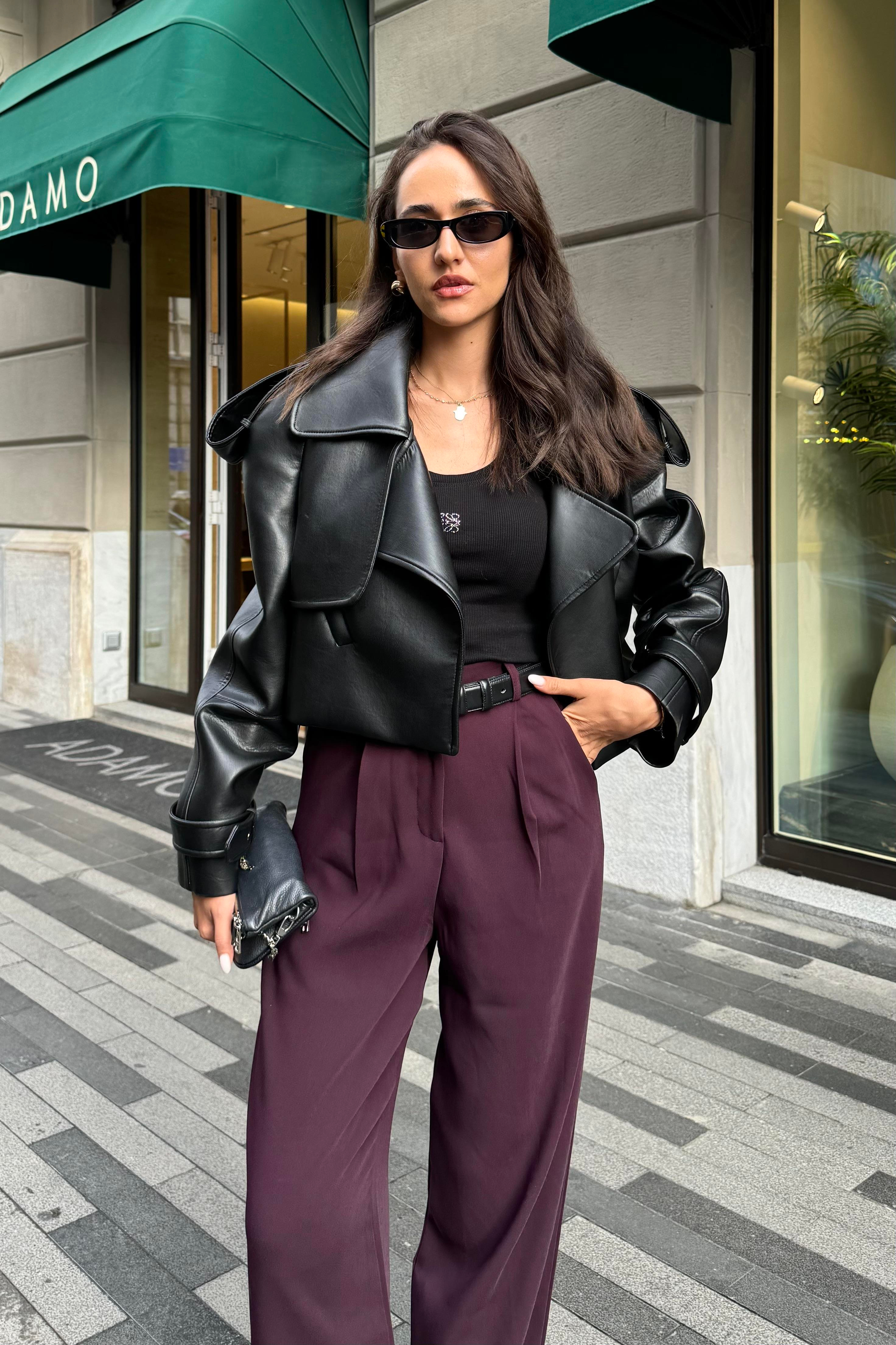 Mürdüm Dökümlü Palazzo Pantolon - Kadın Trousers Modelleri - Nazliye Moda | Kadın Giyim Modası