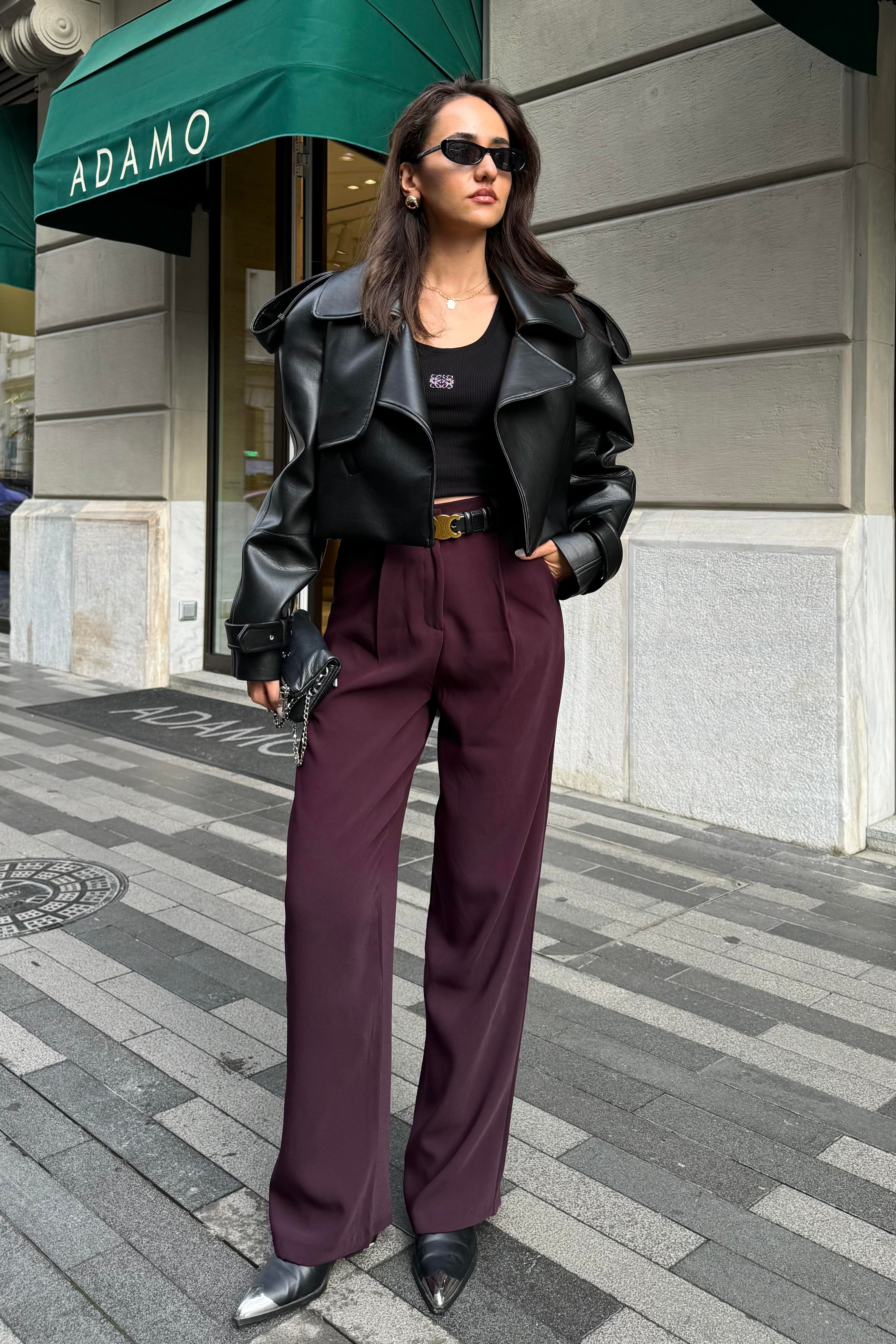 Mürdüm Dökümlü Palazzo Pantolon - Kadın Trousers Modelleri - Nazliye Moda | Kadın Giyim Modası