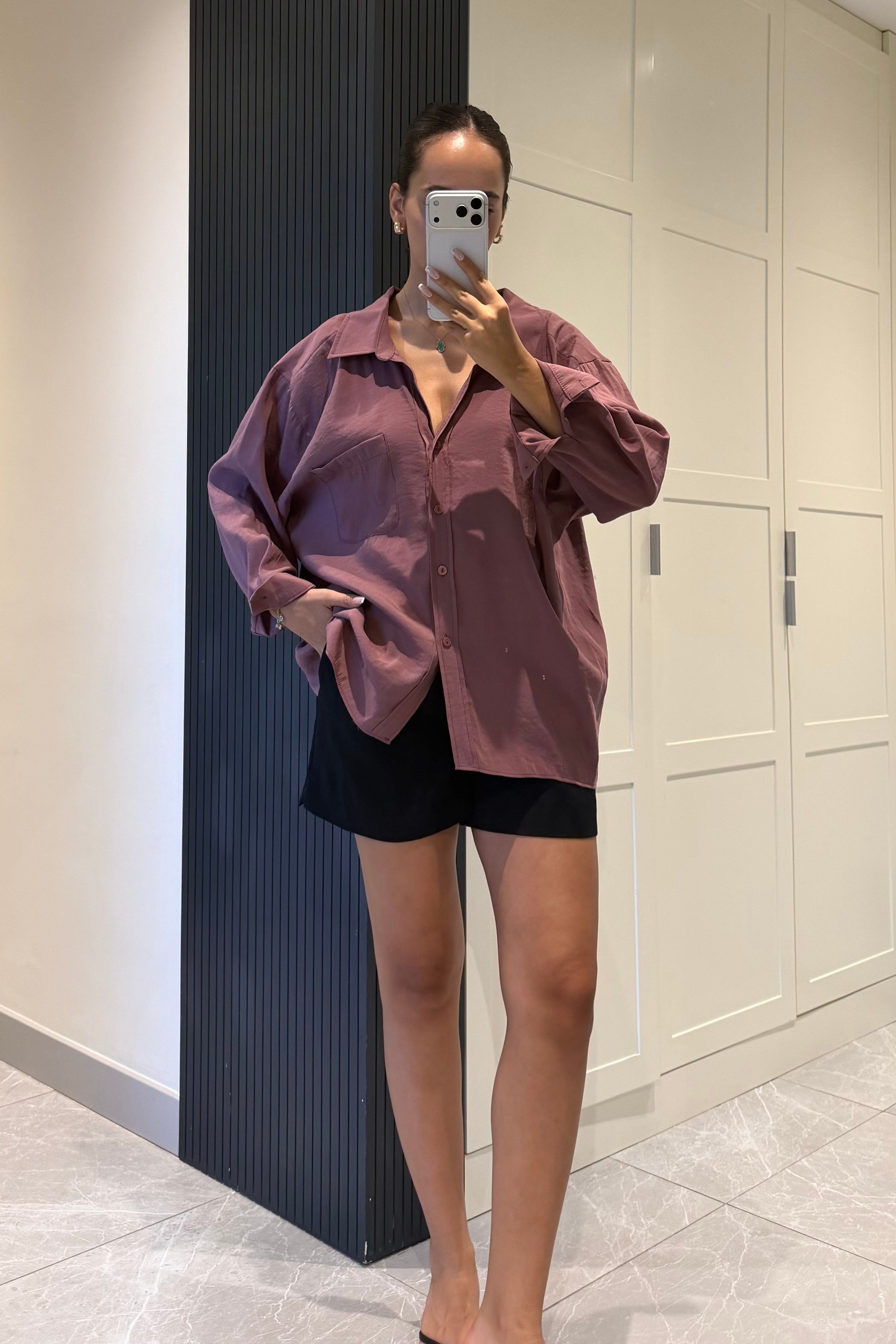 Mürdüm Oversize Gömlek - Kadın Gömlek Modelleri - Nazliye Moda | Kadın Giyim Modası