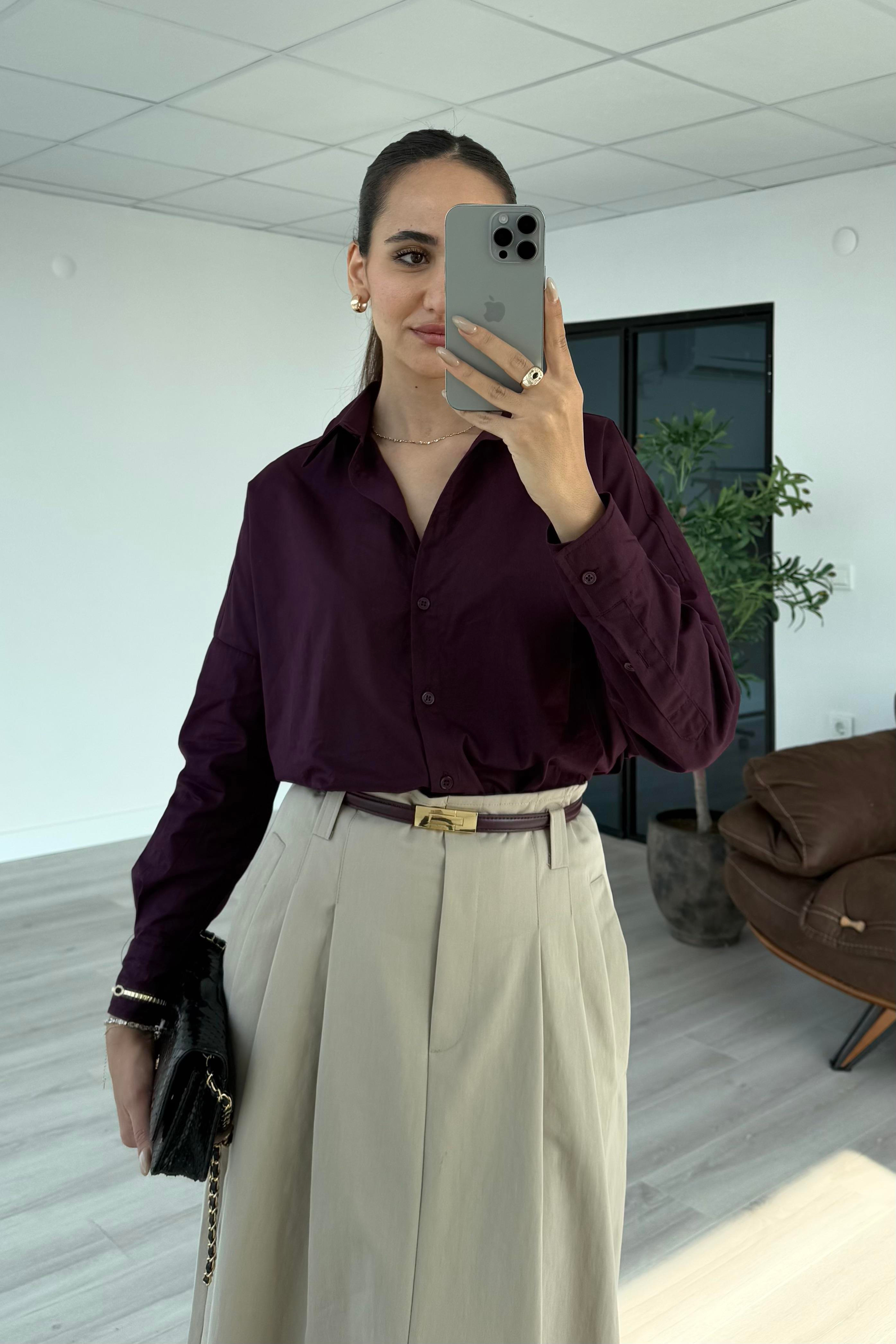 Mürdüm Poplin Gömlek - Kadın Gömlek Modelleri - Nazliye Moda | Kadın Giyim Modası