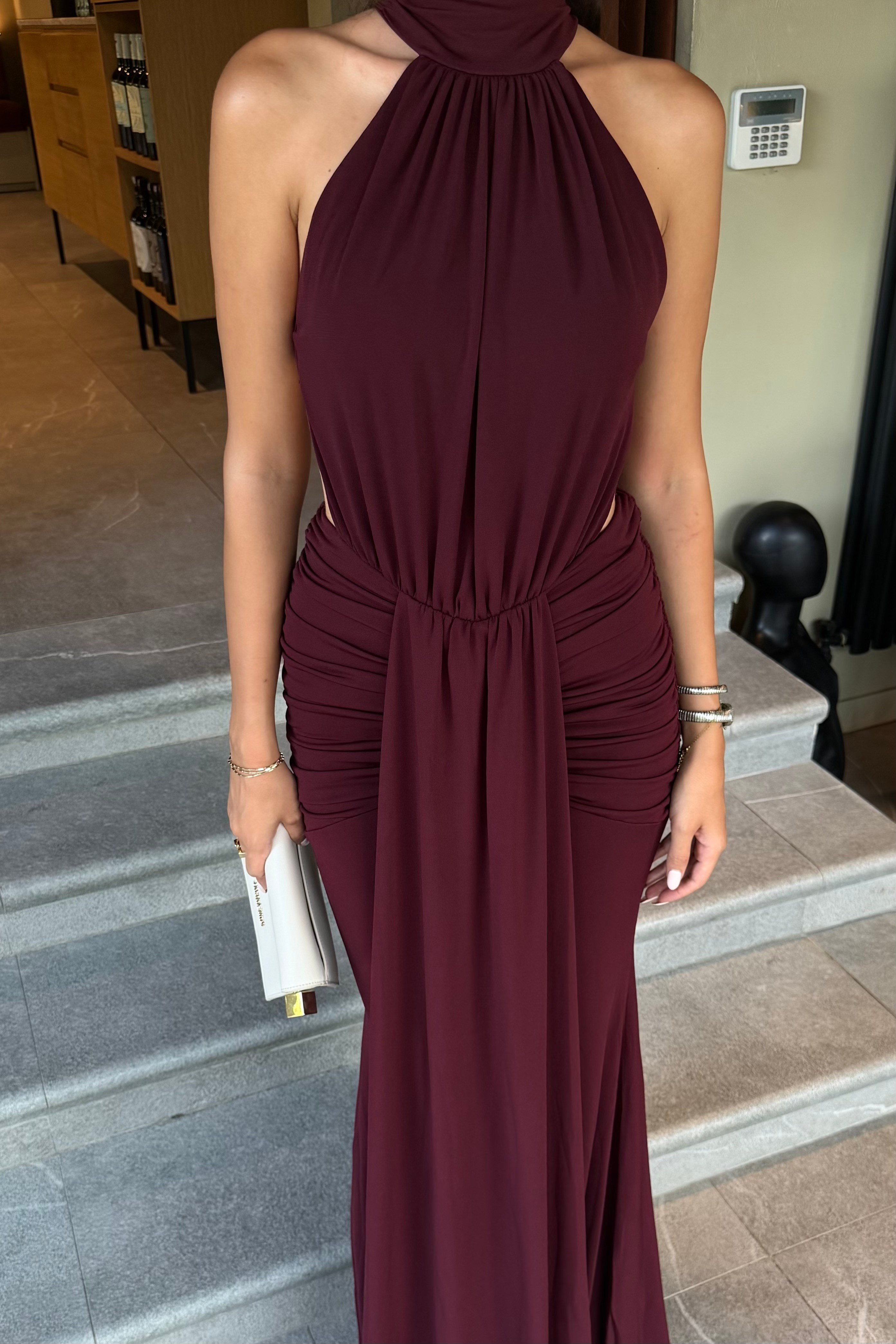Mürdüm Sırt Dekolte Drape Elbise - Kadın Elbise Modelleri - Nazliye Moda | Kadın Giyim Modası