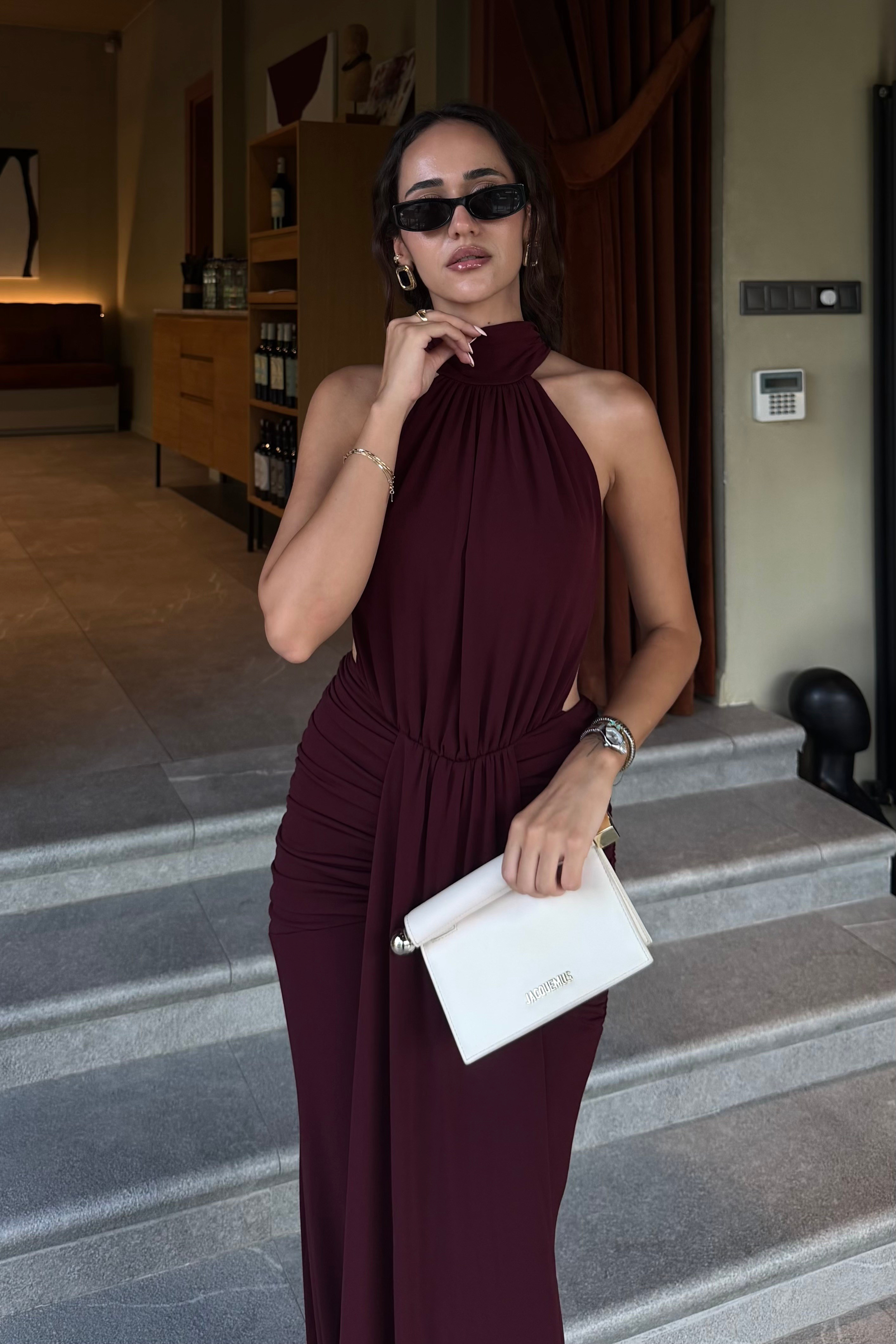 Mürdüm Sırt Dekolte Drape Elbise - Kadın Elbise Modelleri - Nazliye Moda | Kadın Giyim Modası