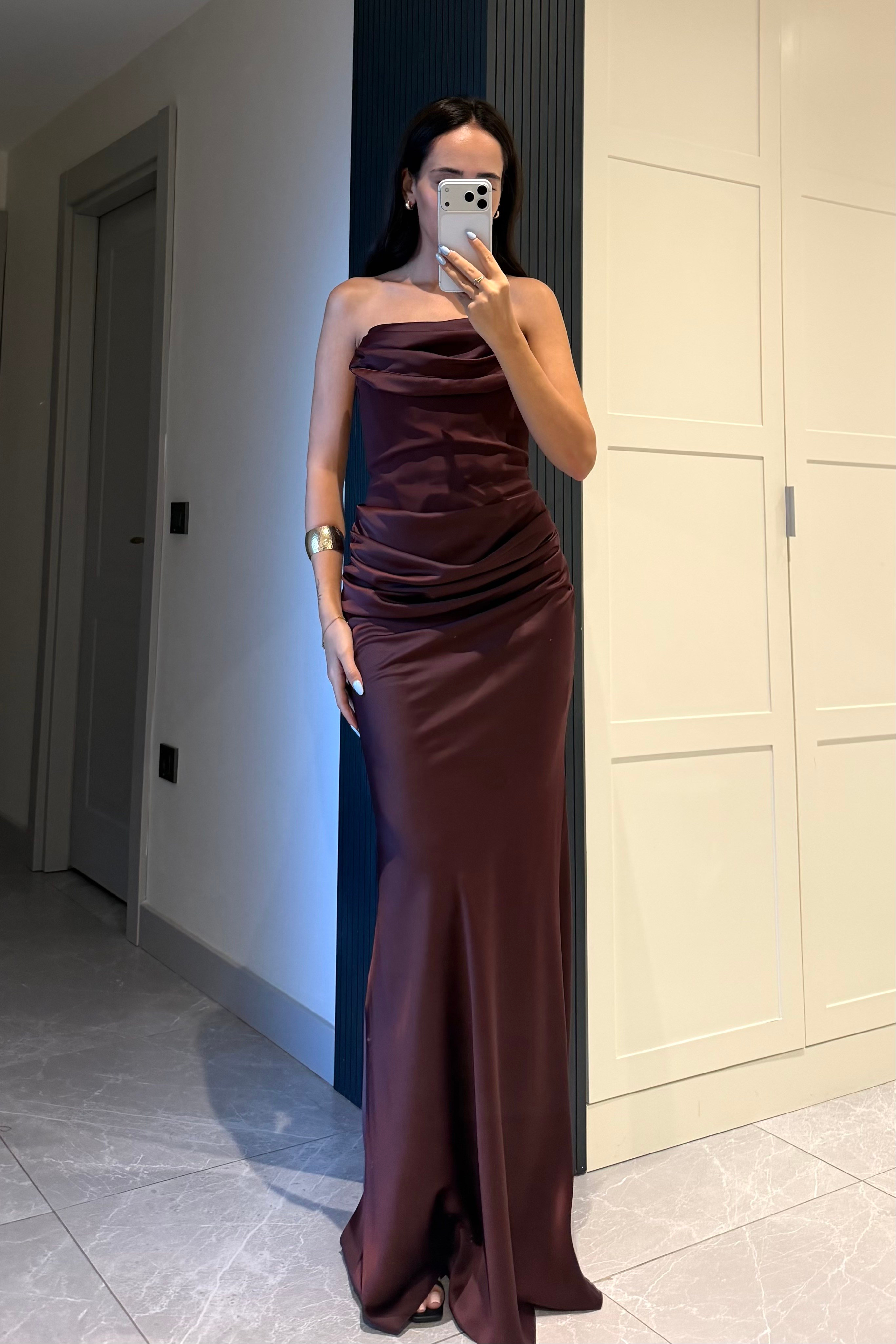 Mürdüm Straplez Fularlı Korse Elbise - Kadın Elbise Modelleri - Nazliye Moda | Kadın Giyim Modası