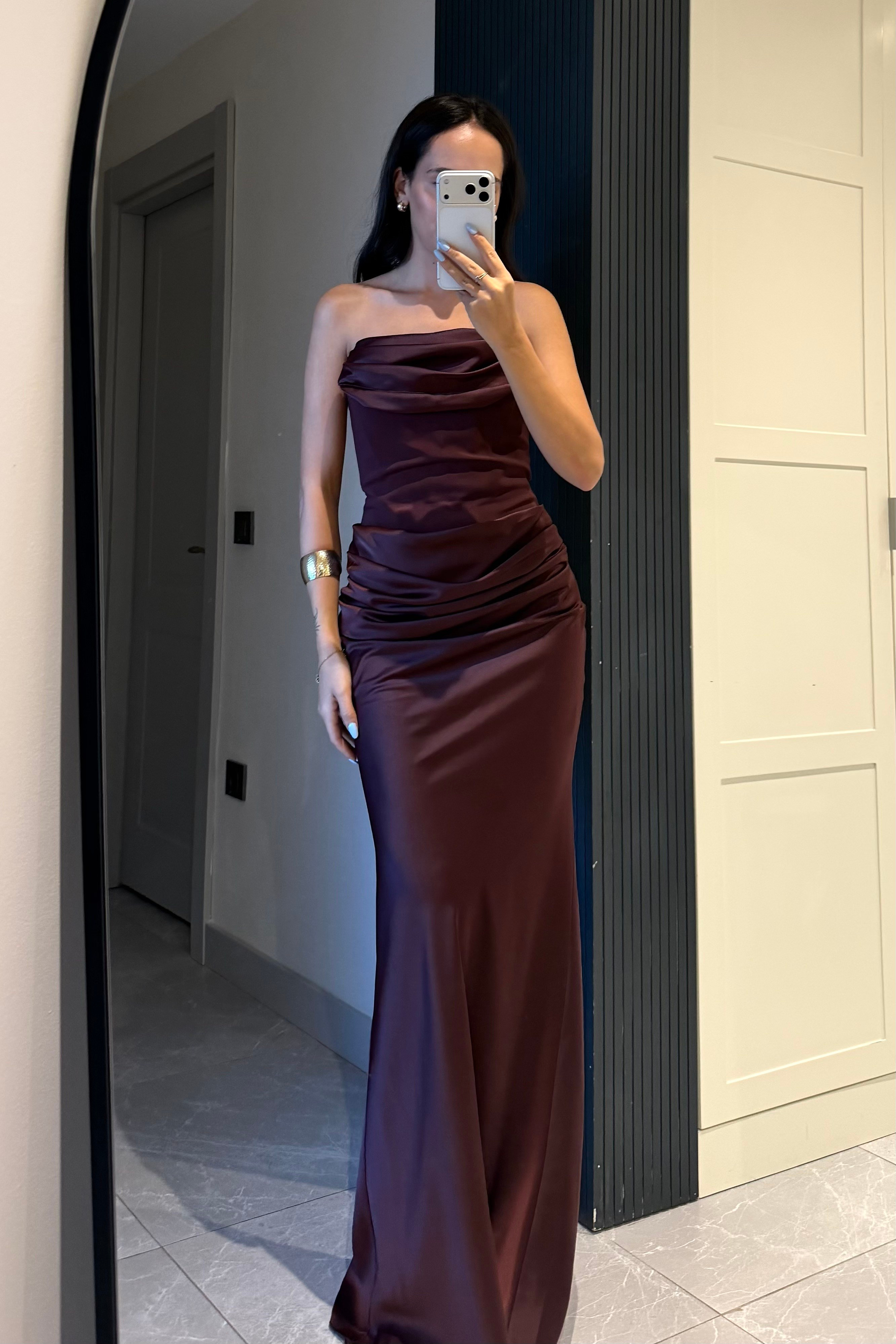 Mürdüm Straplez Fularlı Korse Elbise - Kadın Elbise Modelleri - Nazliye Moda | Kadın Giyim Modası