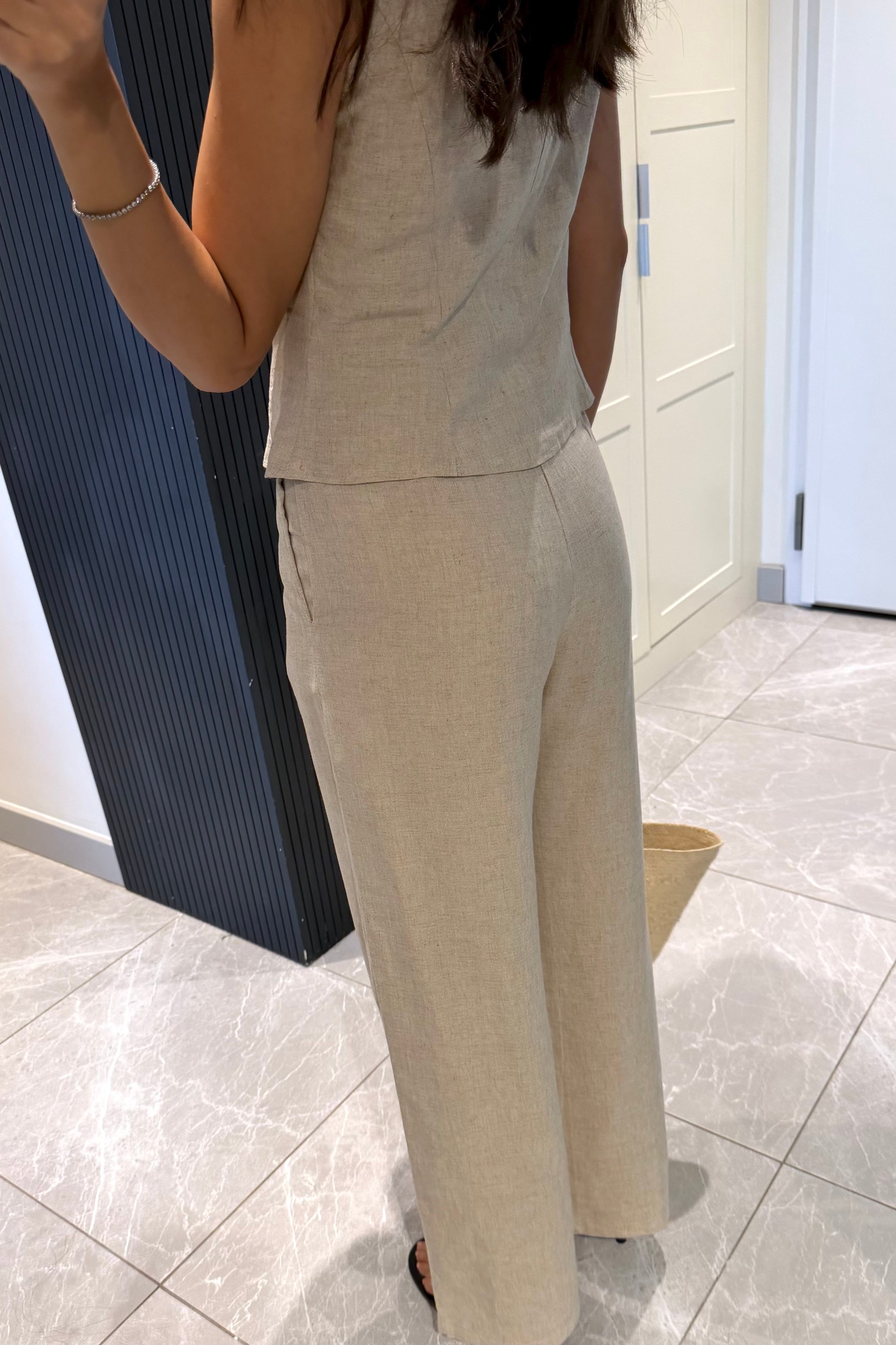 Naturel Kolsuz Bluz Keten Takım - Kadın Takım Modelleri - Nazliye Moda | Kadın Giyim Modası
