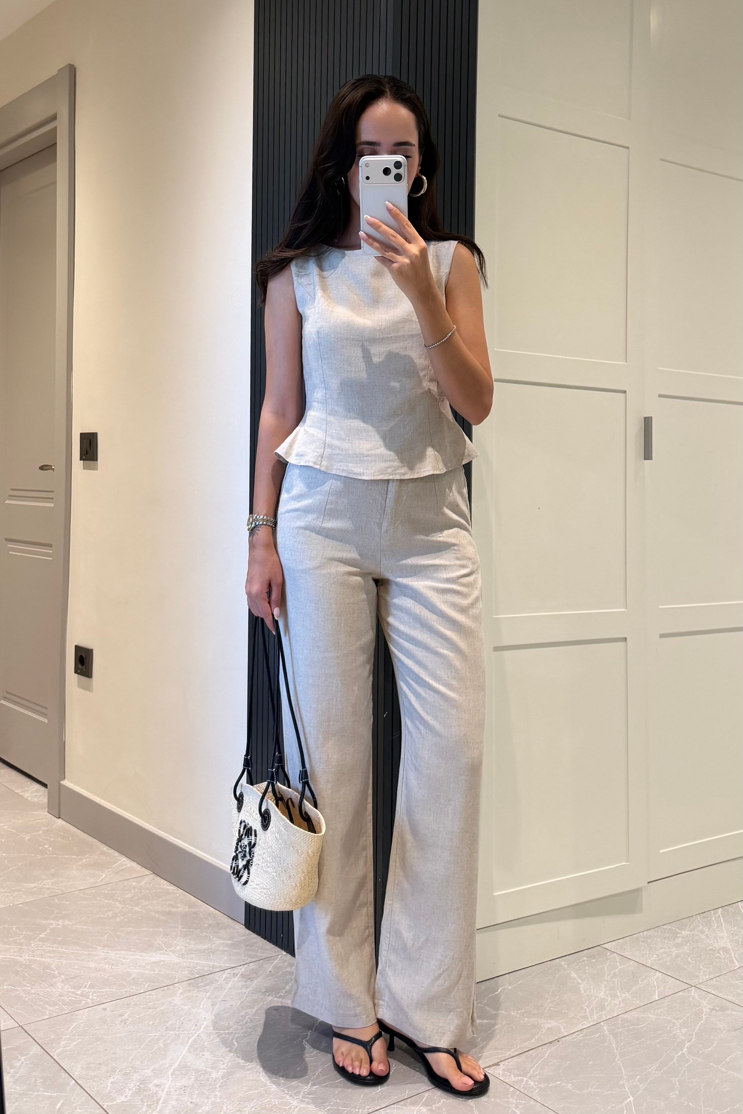Naturel Kolsuz Bluz Keten Takım - Kadın Takım Modelleri - Nazliye Moda | Kadın Giyim Modası
