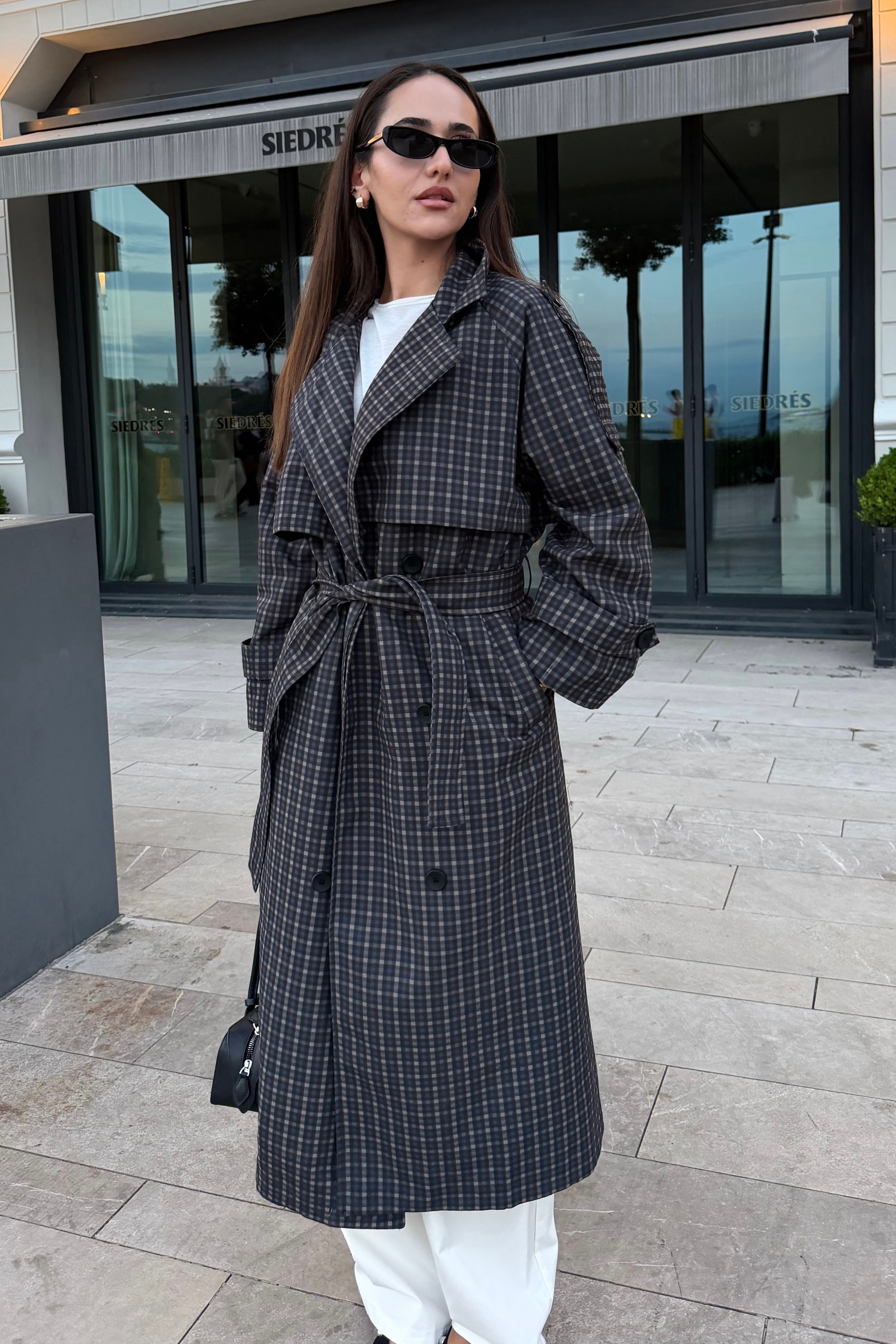 Oversize Ekose Beli Kuşaklı Trençkot - Kadın Trench Coats Modelleri - Nazliye Moda | Kadın Giyim Modası