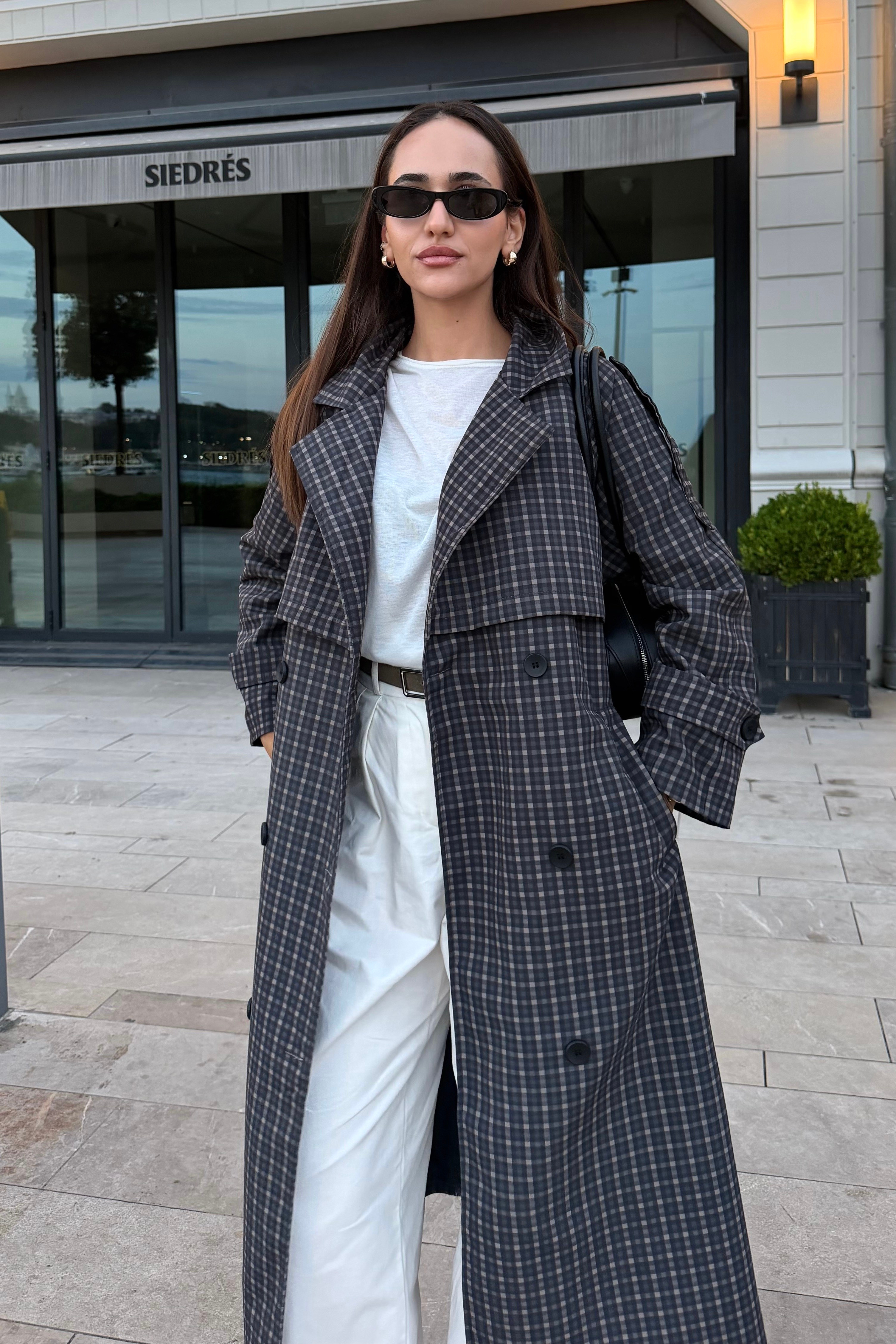 Oversize Ekose Beli Kuşaklı Trençkot - Kadın Trench Coats Modelleri - Nazliye Moda | Kadın Giyim Modası