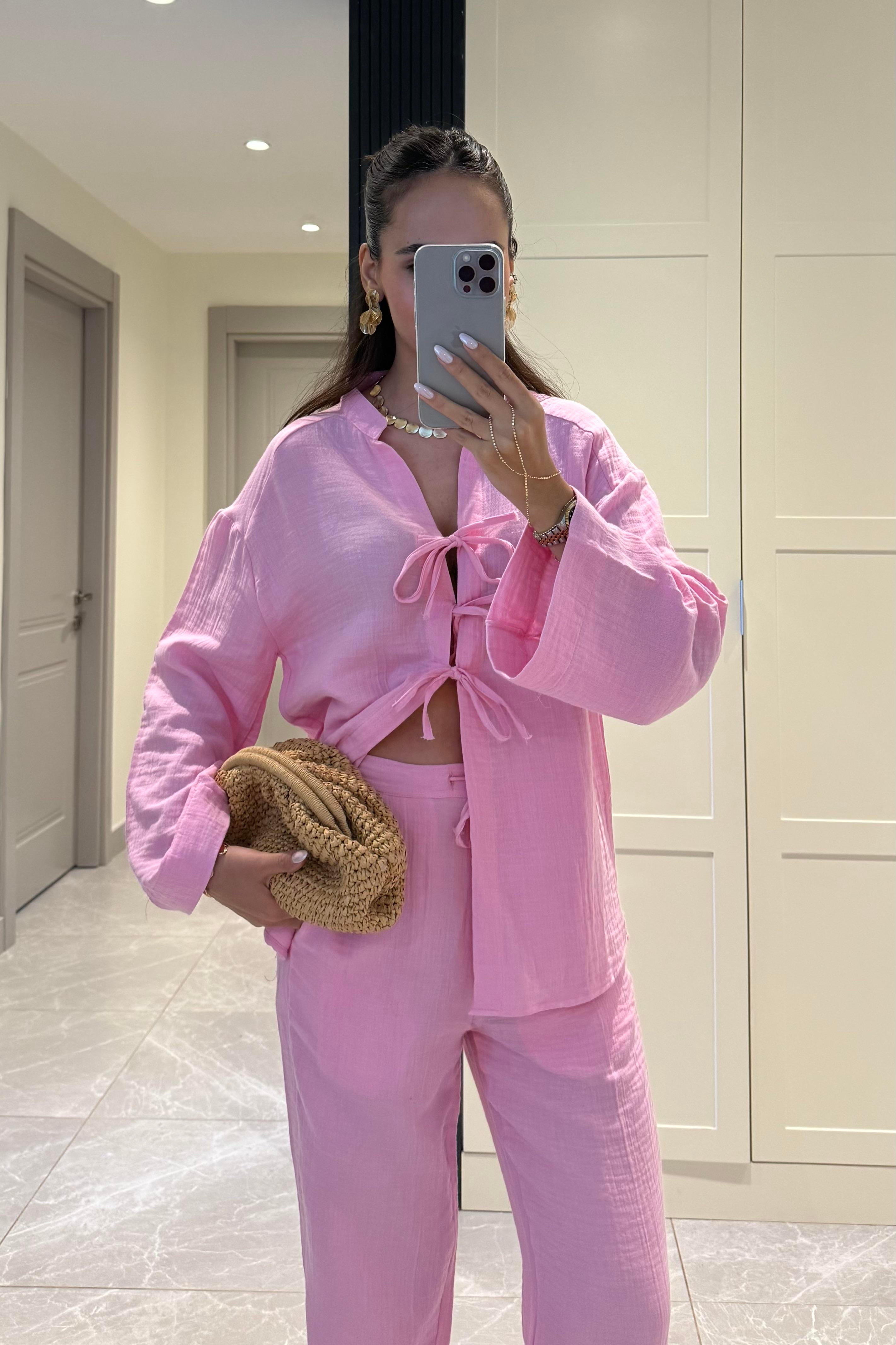 Pembe Bağlama Detaylı Müslin Takım - Kadın Takım Modelleri - Nazliye Moda | Kadın Giyim Modası