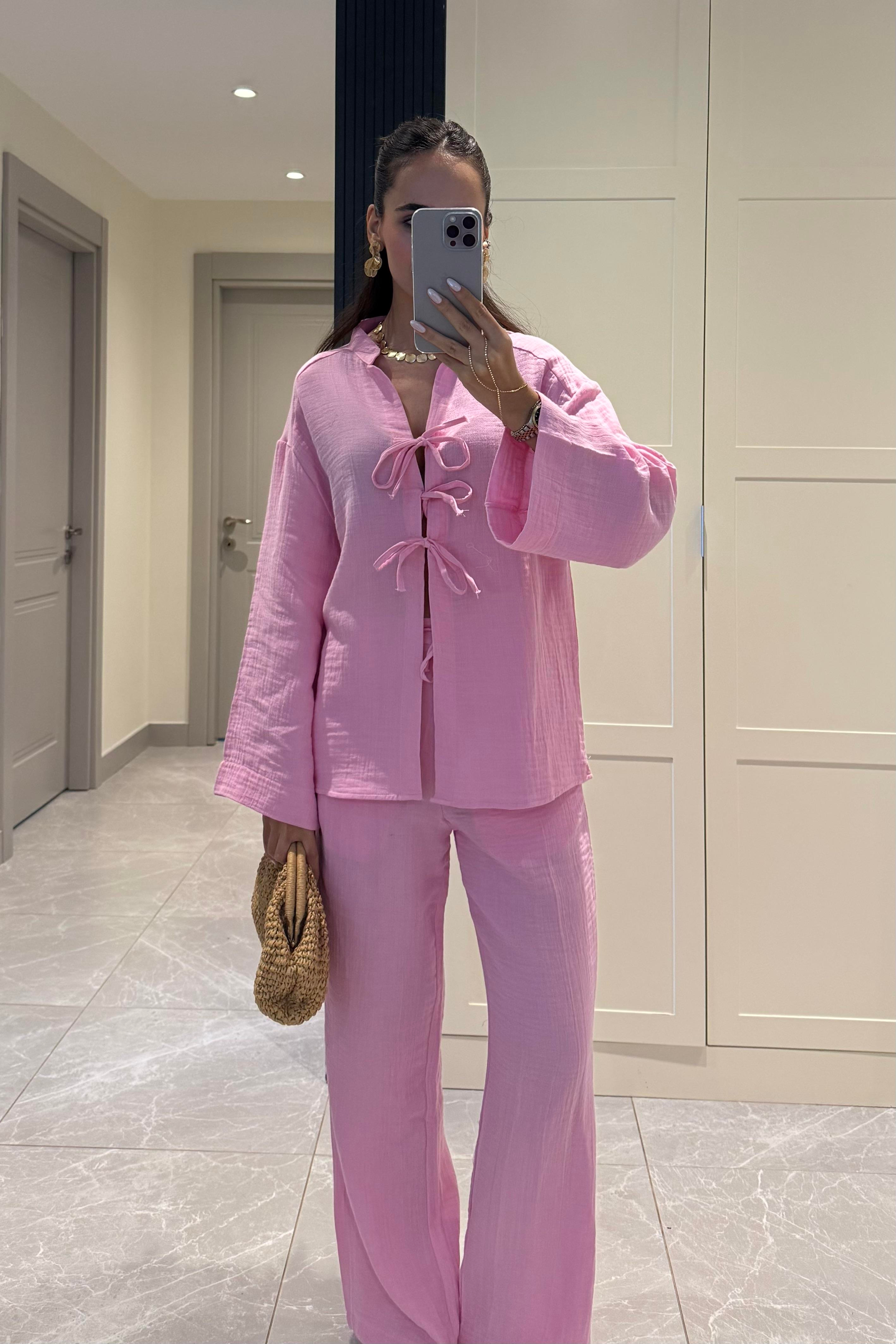 Pembe Bağlama Detaylı Müslin Takım - Kadın Takım Modelleri - Nazliye Moda | Kadın Giyim Modası