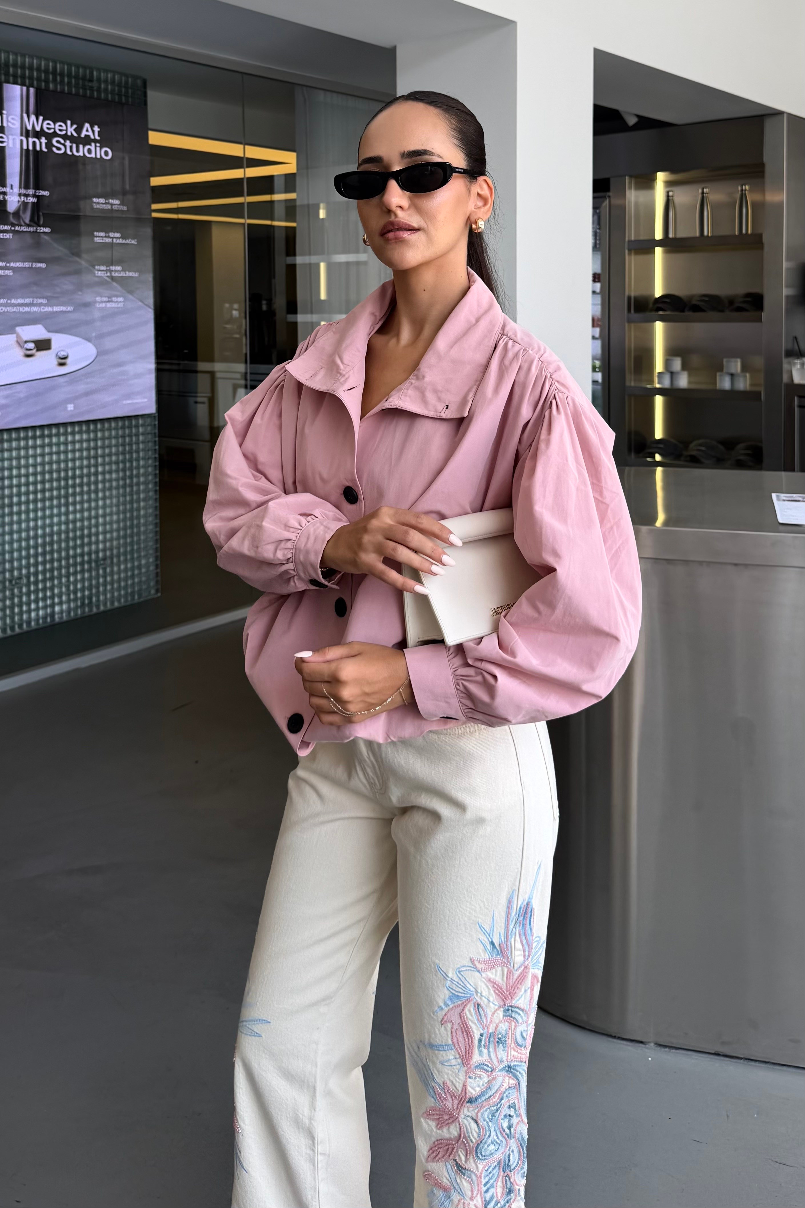 Pembe Dik Yaka Bomber Ceket - Kadın Ceket Modelleri - Nazliye Moda | Kadın Giyim Modası